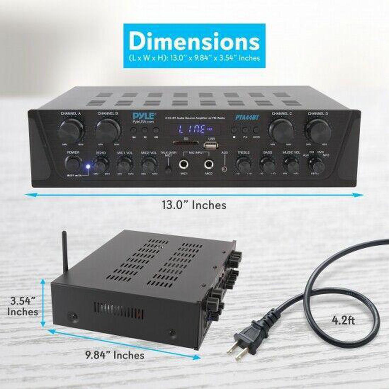 Alt view image 10 of 14 - 500W Karaoke Wireless Bluetooth Amplifier - 4 Channel Stereo Audio Home Theater Speaker Sound Power Receiver w/ AUX IN, FM, RCA Subwoofer Speakers OUT, USB, Microphone IN w/ Echo - Pyle PTA44BT