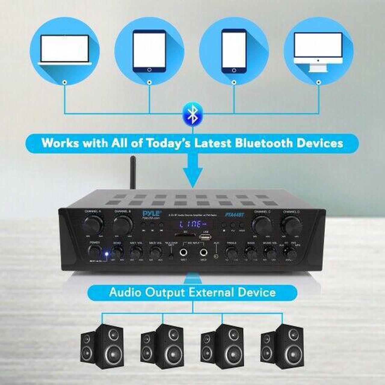 Alt view image 12 of 14 - 500W Karaoke Wireless Bluetooth Amplifier - 4 Channel Stereo Audio Home Theater Speaker Sound Power Receiver w/ AUX IN, FM, RCA Subwoofer Speakers OUT, USB, Microphone IN w/ Echo - Pyle PTA44BT