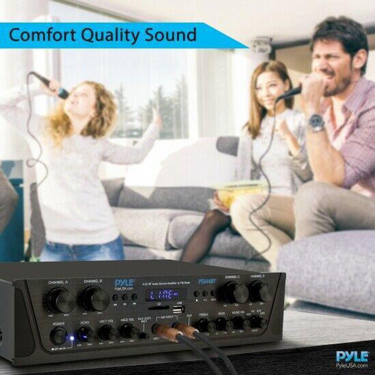 Alt view image 14 of 14 - 500W Karaoke Wireless Bluetooth Amplifier - 4 Channel Stereo Audio Home Theater Speaker Sound Power Receiver w/ AUX IN, FM, RCA Subwoofer Speakers OUT, USB, Microphone IN w/ Echo - Pyle PTA44BT