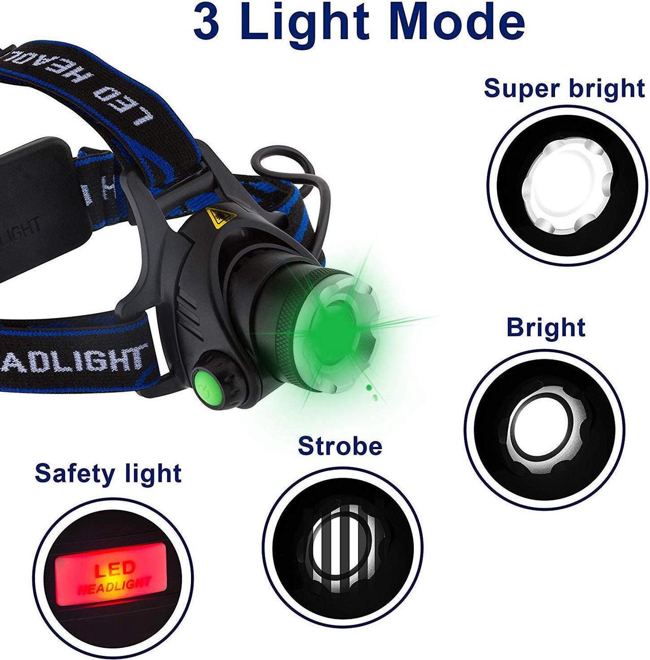 Alt view image 3 of 7 - LED Headlamp Rechargeable GreenLight, 1800 Lumens Zoomable Hunting LED head lamp flshlight for Hunting Hiking Camping Fishing Hog Coyote Varmint Hunting