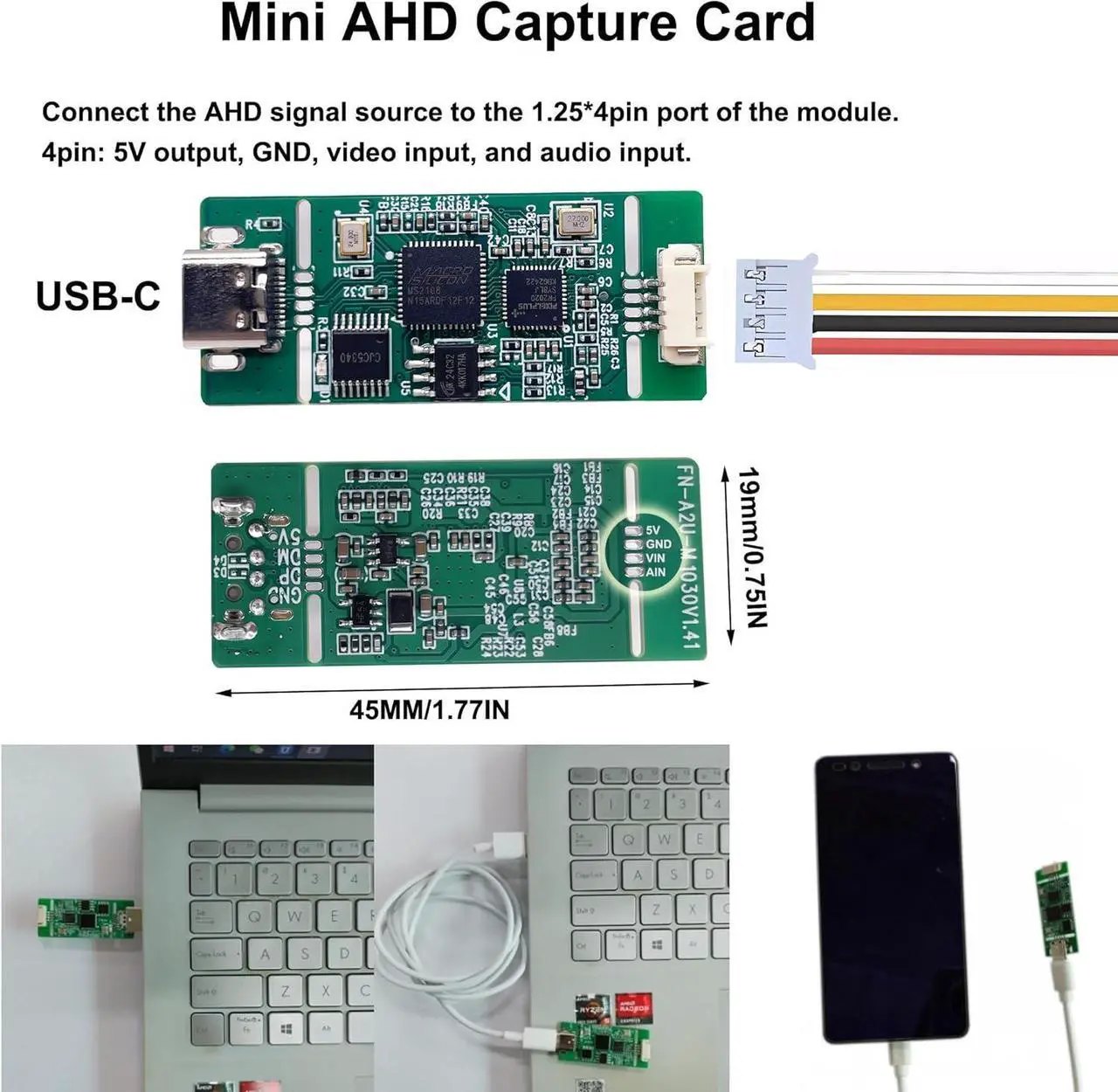 Alt view image 6 of 7 - GRACETOP AHD Capture Card with OTG, 1080P30 720P60 AHD to USB Video Capture Card for AHD 1080P HD Backup Camera Streaming Game Streaming Video Recording for Windows, Linux, OS USB-C