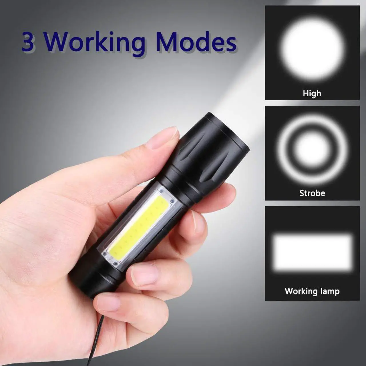 Alt view image 6 of 7 - Mini LED Flashlight Rechargeable with cob Reader Lamp Adjustable Focus and 3 Light Modes For Camping Hiking