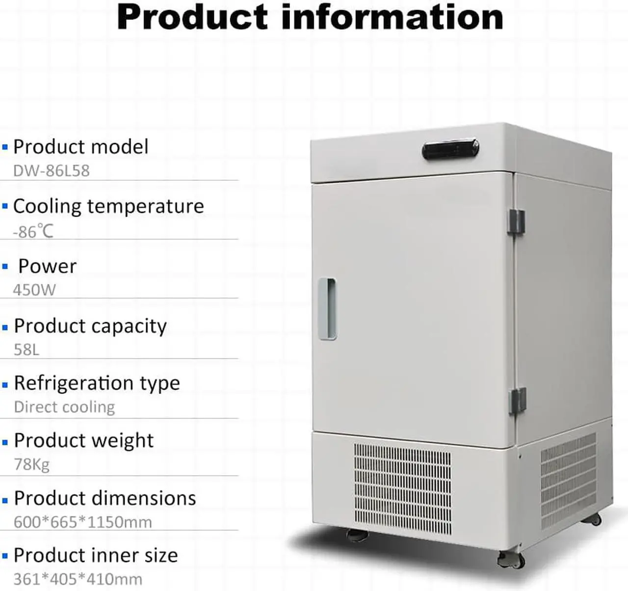 Alt view image 6 of 6 - -86 °C 58L Vertical Ultra Low Temperature Freezer, Deep Refrigeration Refrigerator with Controller,110V