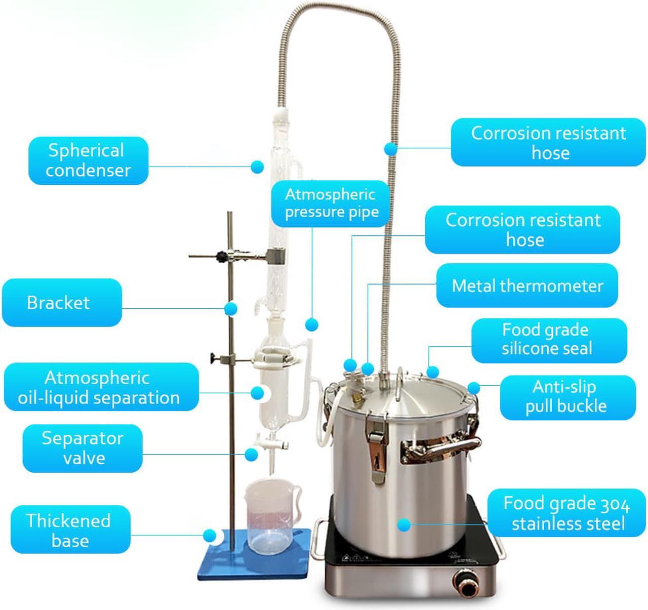 Alt view image 7 of 7 - HNZXIB 14pcs Essential Oils Extraction Apparatus Steam Distillation Kit, 22L Home/Lab Equipment Distillation Unit Set with Condenser Pipe Flask for Making Your Own Essential Oil