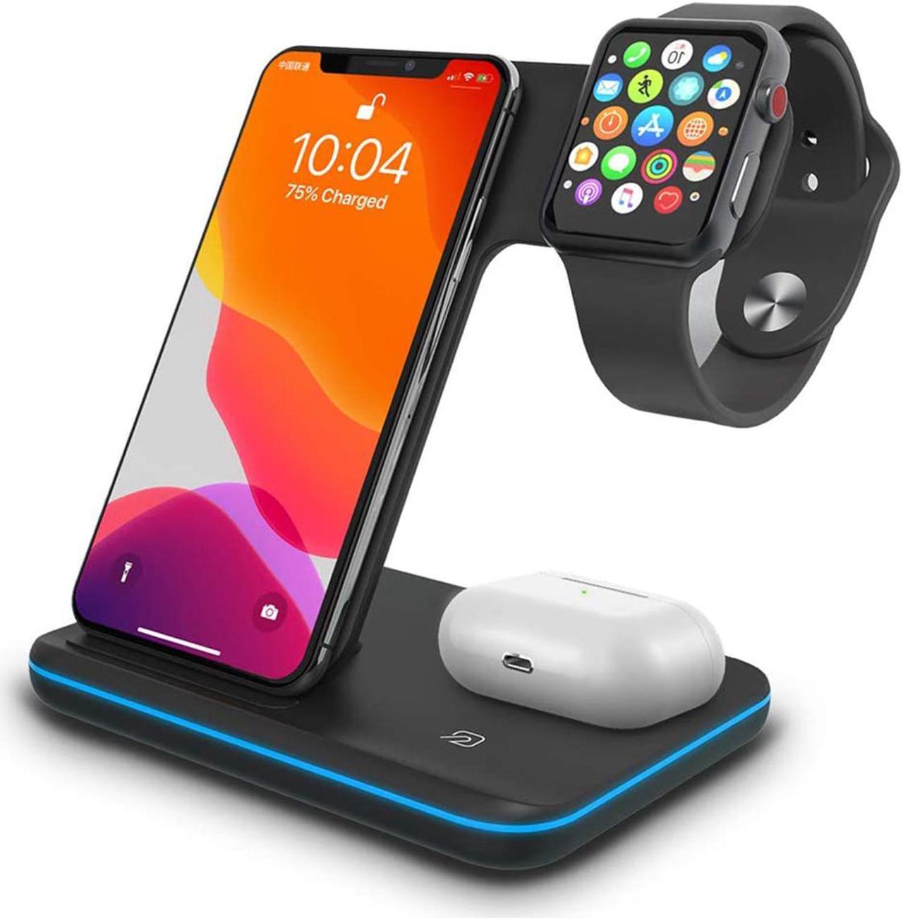 AUTENS Wireless Charging Stand, 3 in 1 15W Qi Fast Charger Dock for iPhone 12/12 mini/11/Pro Max X XS XR, for Samsung Galaxy S20/S10/S8/Note 10/9, Airpods Pro/2, iWatch Series SE/6/5/4/3/2/1