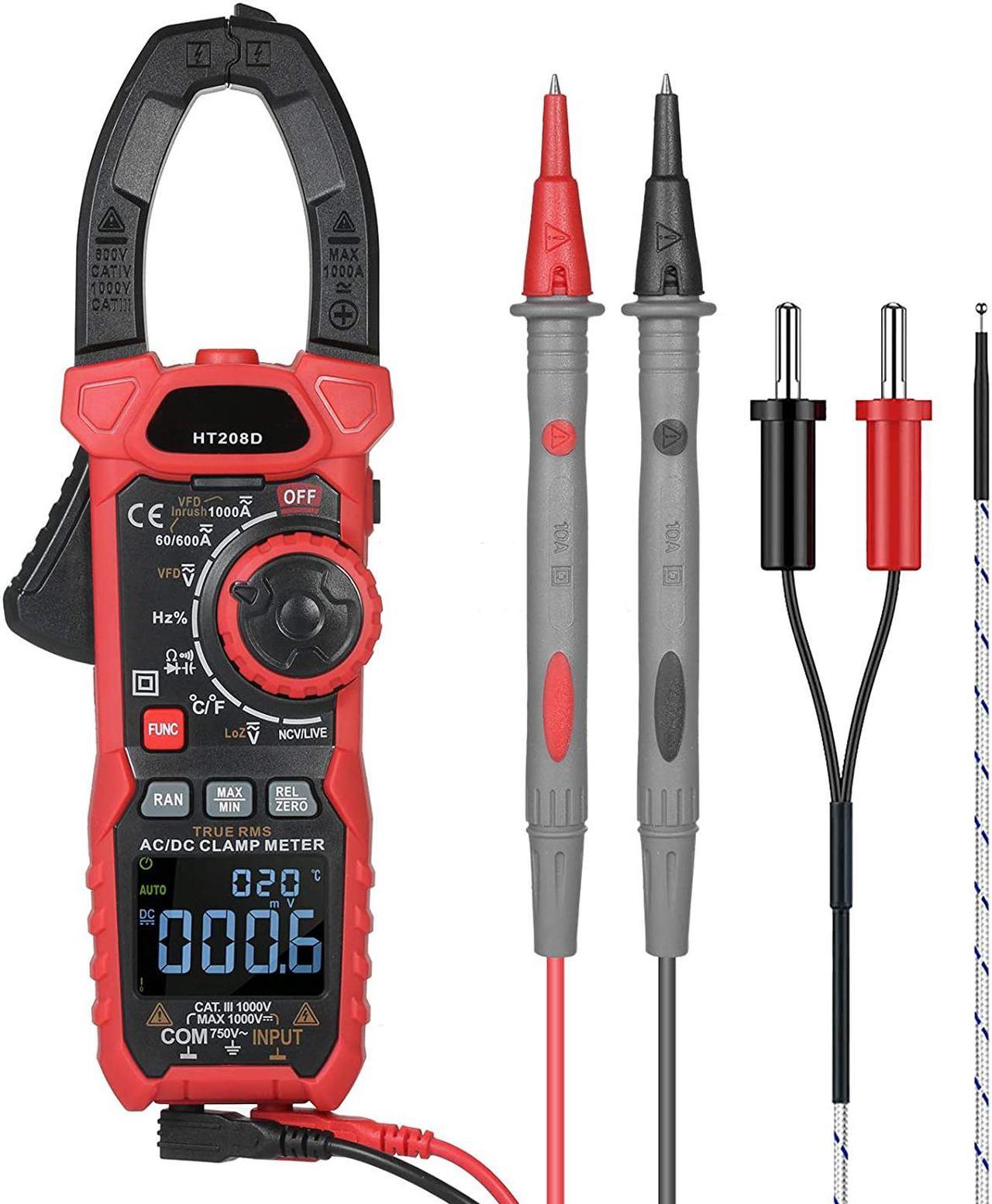 AC/DC Digital Clamp Meter 1000A True RMS Auto Range Professional Multimeter, 6000 Counts, Inrush, VFD, LOZ Mode Measures Current Voltage Temperature Capacitance Resistance Diodes Continuity Duty-Cycle