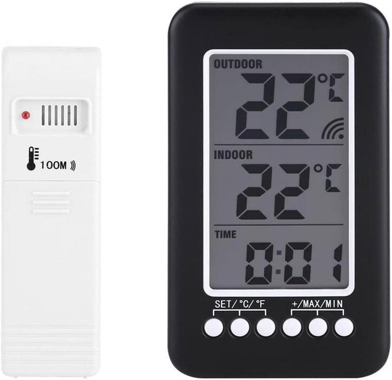 AUTENS Indoor/Outdoor Thermometer, LCD Digital Indoor Outdoor Thermometer Clock Temperature Meter Wireless Transmitter for Greenhouse (Black)