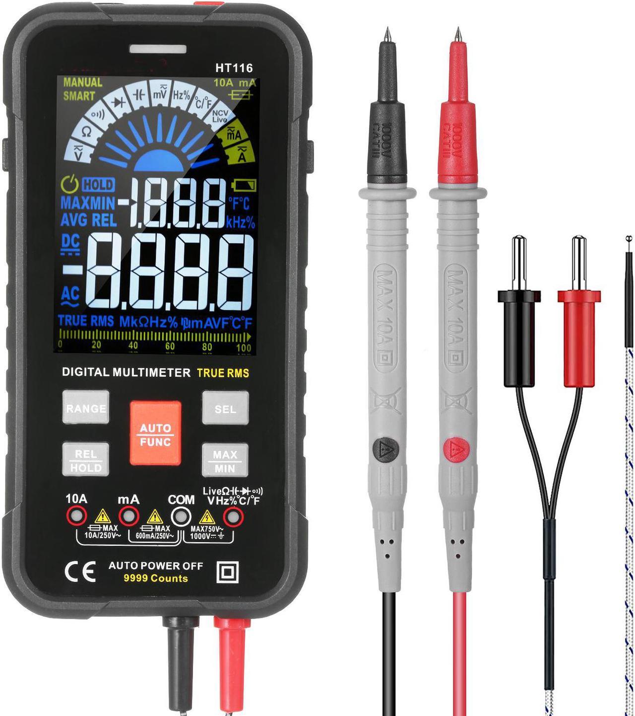 Digital Multimeter NCV Auto-Ranging 9999 Counts TRMS 1000V 10A Tester Frequency Counter Voltmeter Ohmmeter Capacitance Temperature, Measures AC DC Voltage Current