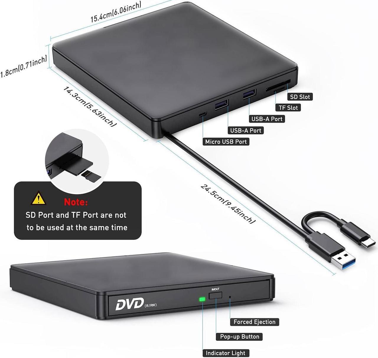 Alt view image 5 of 7 - AUTENS External CD DVD Drive USB 3.0 Type-C CD-RW DVD-R Combo Burner with SD/TF Slot, 2 USB 2.0 Port for PC Laptop Computer Windows 11/10/8/7