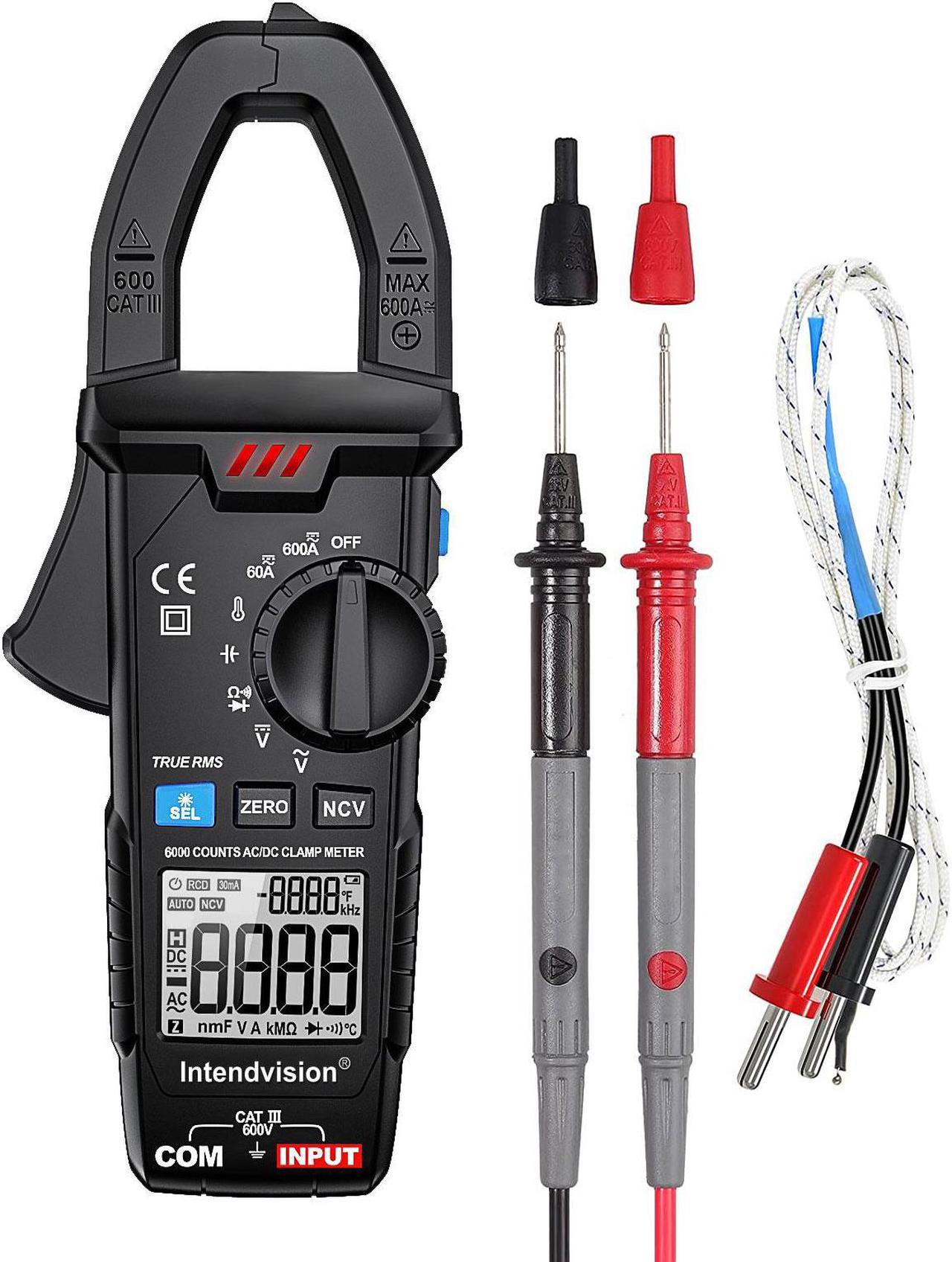 AC/DC Digital Clamp Meter T-RMS 6000 Counts, Multimeter Voltage Tester Auto-ranging, NCV AC DC Current Voltage Resistance Capacitance Frequency Diode Temperature Measure Tester