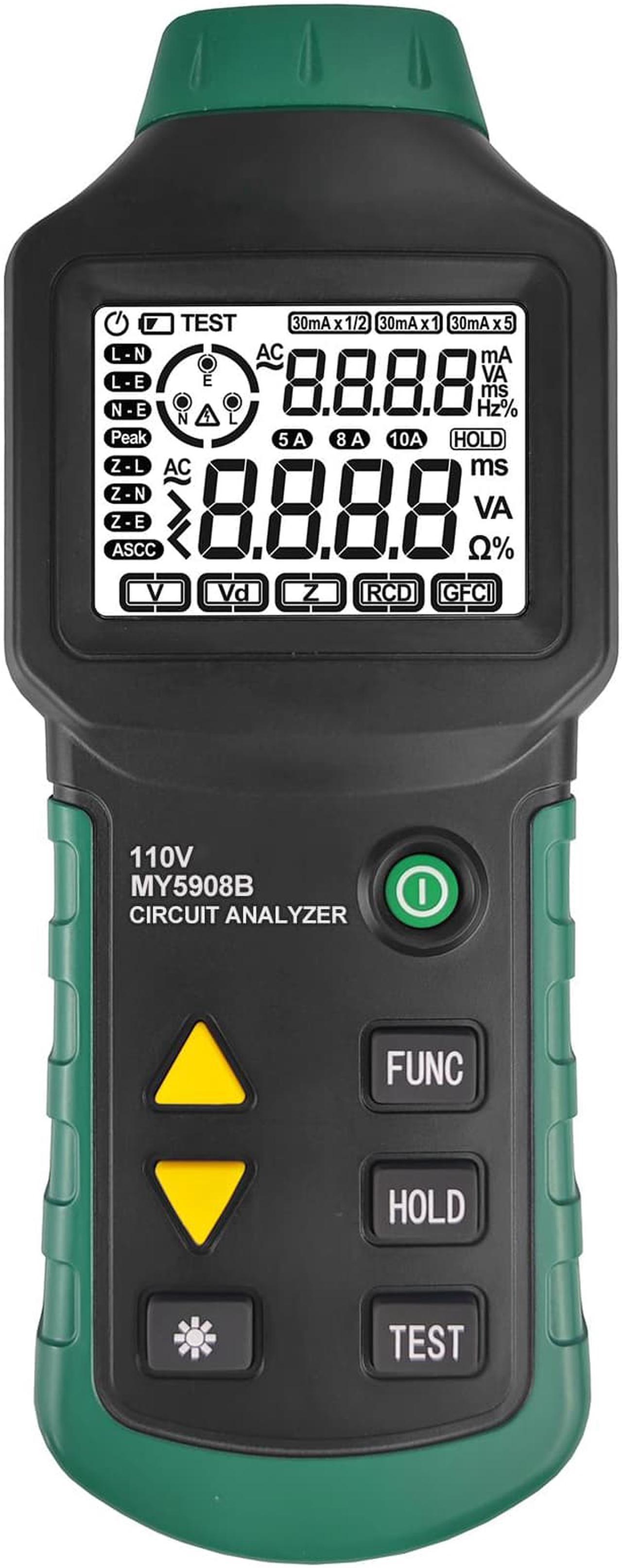 Digital Circuit Analyzer True RMS AC Voltage RCD GFCI Electrical Tester Line Fault Test Device with LCD Backlight, Data Hold, US Plug, Storage Bag