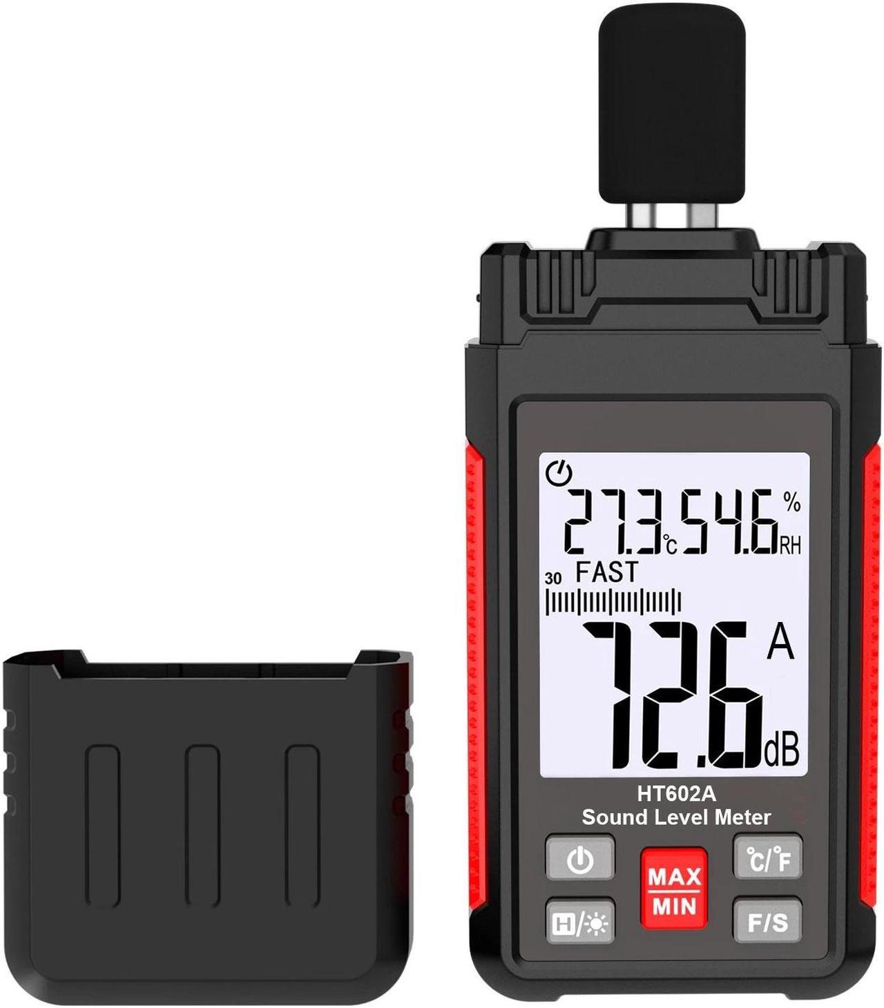 Digital Decibel Meter, Sound Level Meter Noise Meter 30-130dBA with A Frequency Weighting, Temperature Humidity Measurement, Backlight LCD Display, Max/Min/Data Hold, Fast/Slow, Storage Bag