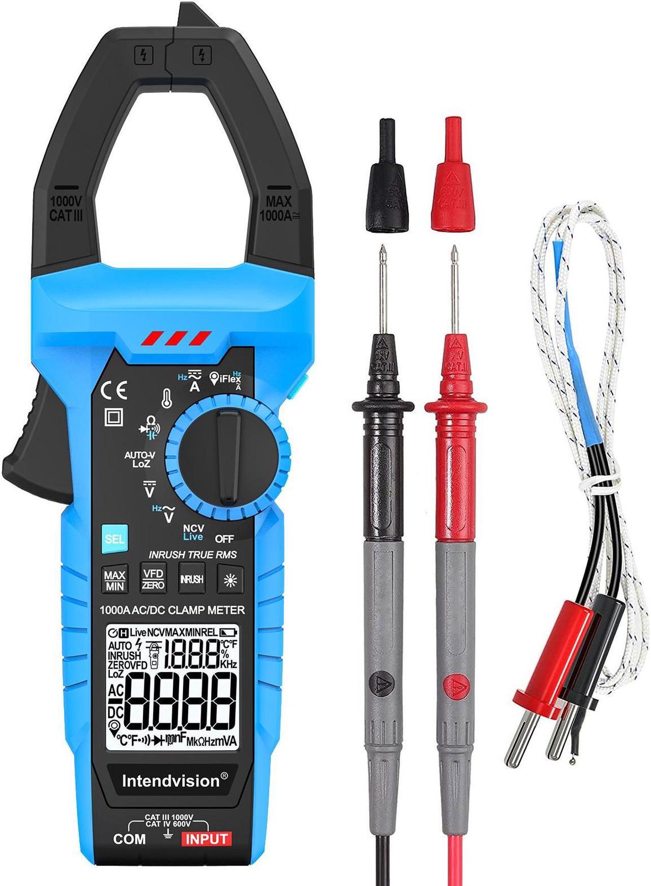 Inrush Current Meter 1000A Digital Clamp Meter AC/DC Current Volt Amp Ohm Meter Clamp on Multimeter True RMS 6000 Counts NCV VFD LOZ Measures Current Voltage Temperature Capacitance Resistance