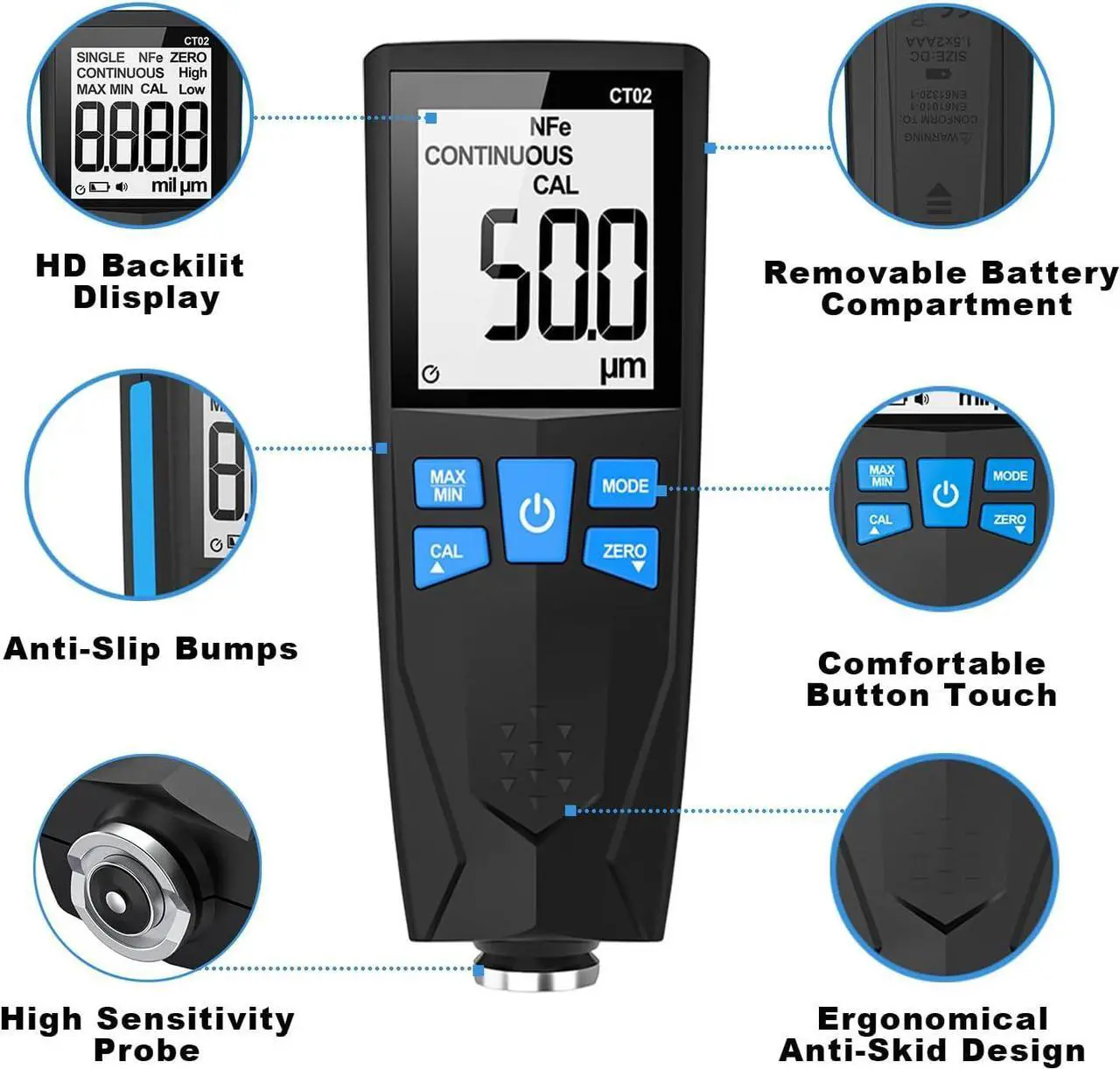 Alt view image 2 of 7 - Car Paint Thickness Gauge, Automotive Coating Thickness Gauge Tester, Paint Mil Thickness Meter with Backlit LCD, Auto Digital Calibration, Data Hold, MAX/MIN, Fe/NFe Automatic Detection, 0~1500um