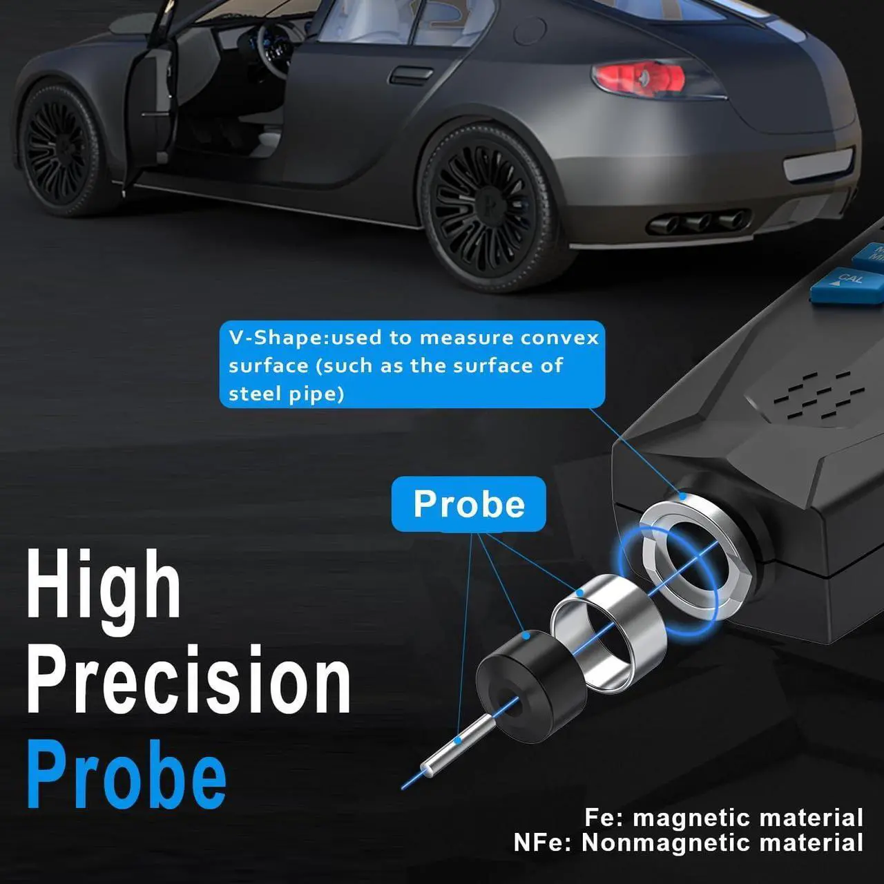 Alt view image 3 of 7 - Car Paint Thickness Gauge, Automotive Coating Thickness Gauge Tester, Paint Mil Thickness Meter with Backlit LCD, Auto Digital Calibration, Data Hold, MAX/MIN, Fe/NFe Automatic Detection, 0~1500um