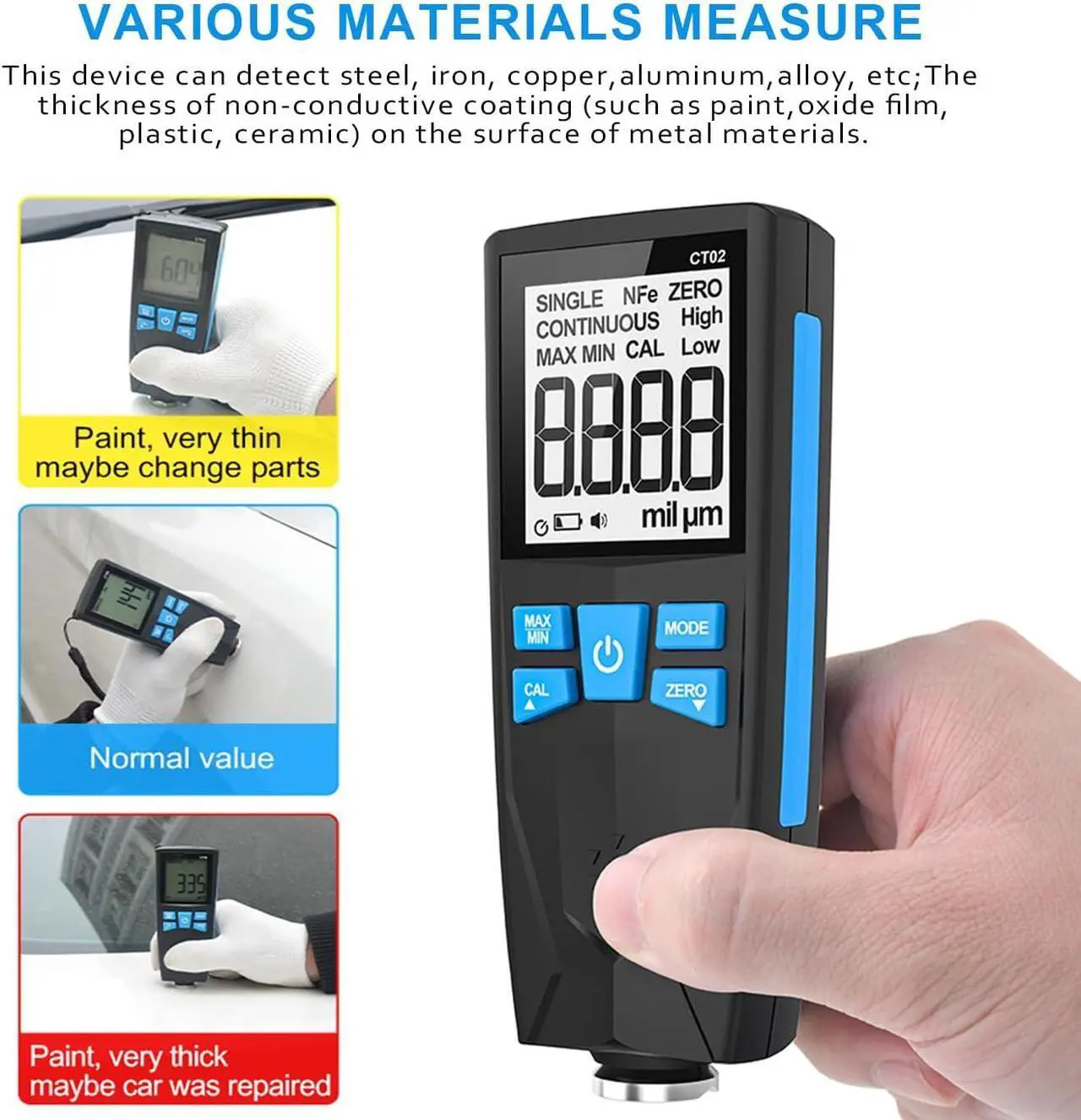 Alt view image 5 of 7 - Car Paint Thickness Gauge, Automotive Coating Thickness Gauge Tester, Paint Mil Thickness Meter with Backlit LCD, Auto Digital Calibration, Data Hold, MAX/MIN, Fe/NFe Automatic Detection, 0~1500um