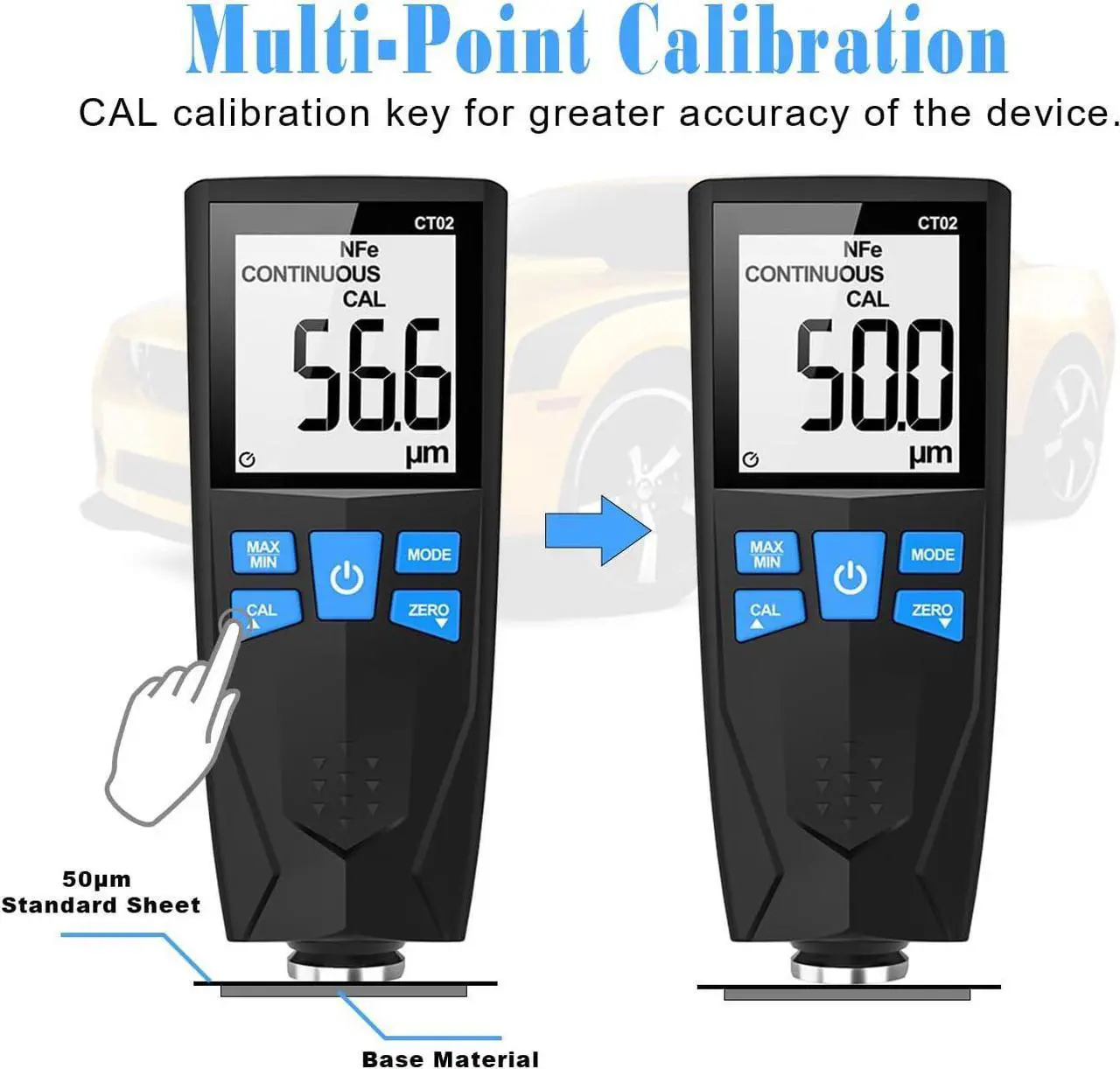 Alt view image 6 of 7 - Car Paint Thickness Gauge, Automotive Coating Thickness Gauge Tester, Paint Mil Thickness Meter with Backlit LCD, Auto Digital Calibration, Data Hold, MAX/MIN, Fe/NFe Automatic Detection, 0~1500um