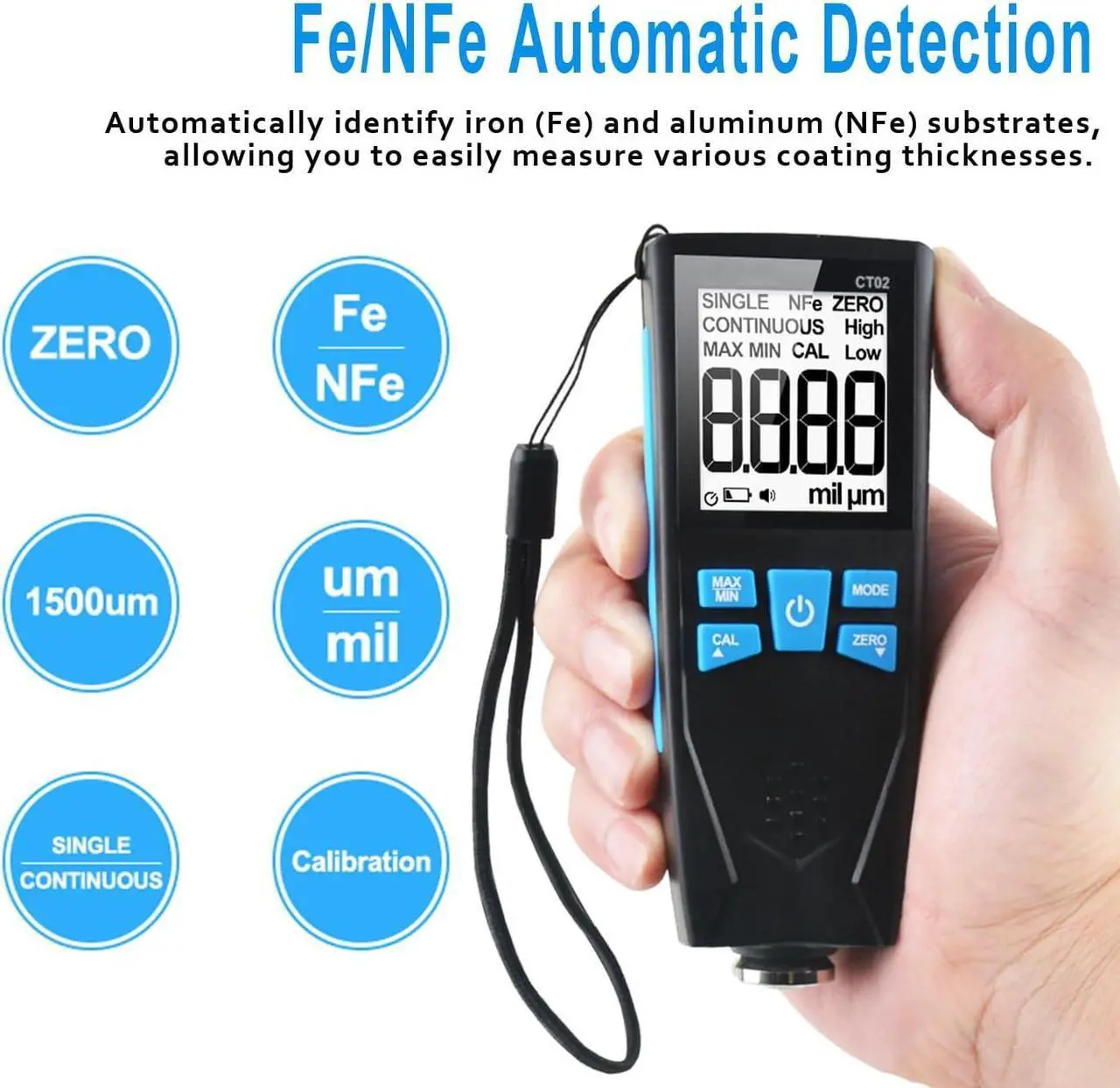 Alt view image 4 of 7 - Car Paint Thickness Gauge, Automotive Coating Thickness Gauge Tester, Paint Mil Thickness Meter with Backlit LCD, Auto Digital Calibration, Data Hold, MAX/MIN, Fe/NFe Automatic Detection, 0~1500um