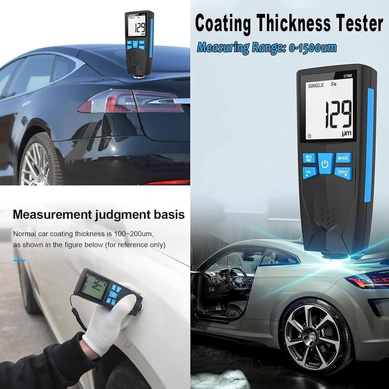 Alt view image 7 of 7 - Car Paint Thickness Gauge, Automotive Coating Thickness Gauge Tester, Paint Mil Thickness Meter with Backlit LCD, Auto Digital Calibration, Data Hold, MAX/MIN, Fe/NFe Automatic Detection, 0~1500um