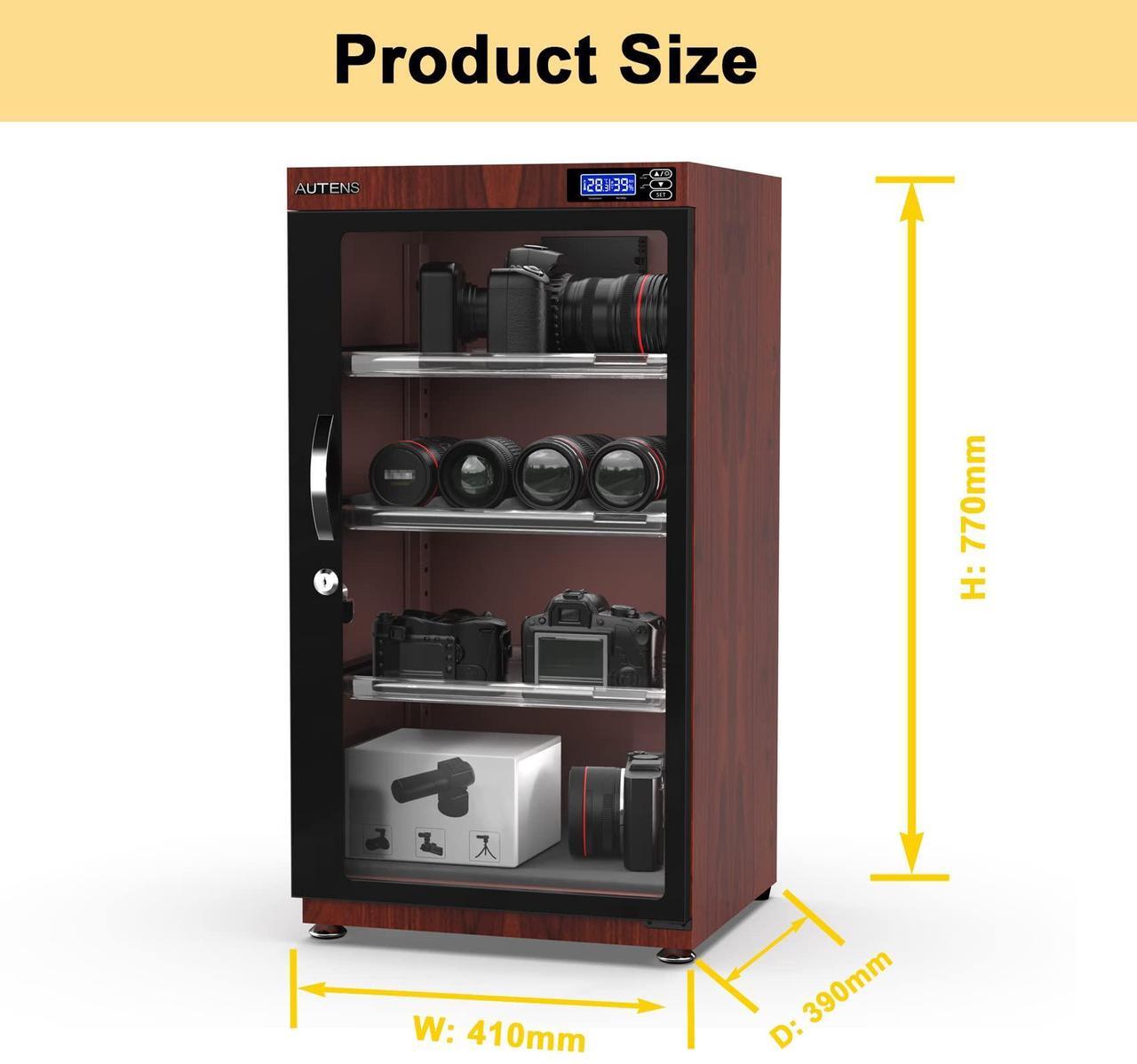Alt view image 2 of 7 - AUTENS 105L Dehumidifying Dry Cabinet Box, Wood grain Design Digital Control Noiseless and Energy Saving, 4 layer for Camera Lens