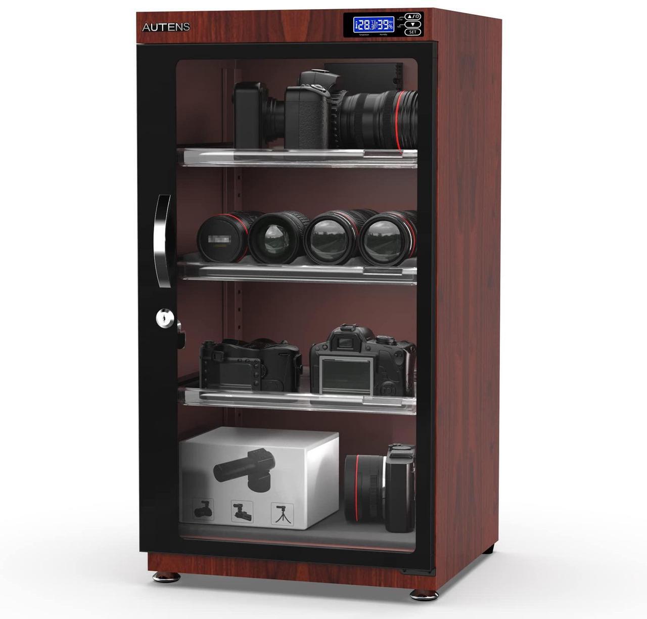Main image of AUTENS 105L Dehumidifying Dry Cabinet Box, Wood grain Design Digital Control Noiseless and Energy Saving, 4 layer for Camera Lens