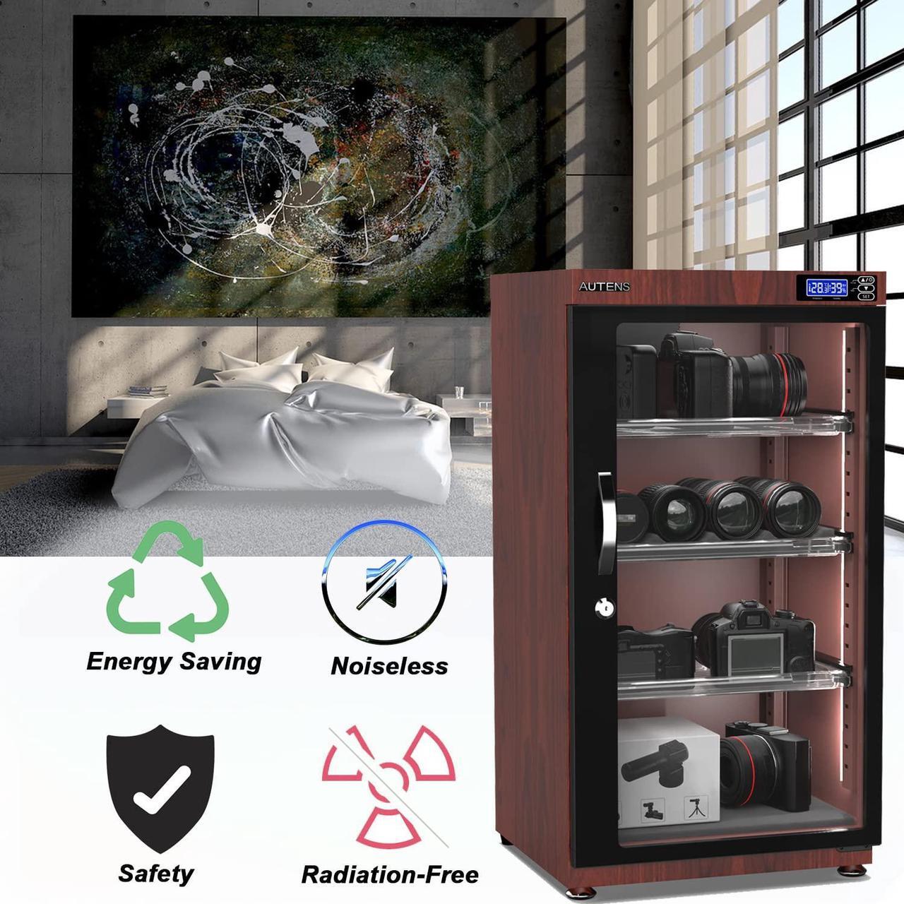 Alt view image 4 of 7 - AUTENS 105L Dehumidifying Dry Cabinet Box, Wood grain Design Digital Control Noiseless and Energy Saving, 4 layer for Camera Lens