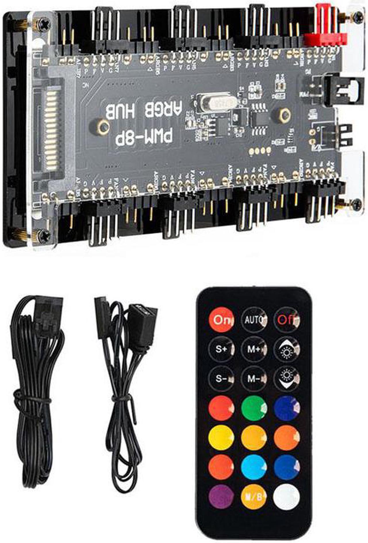 5V RGB AURA Controller & PWM Magnetic Hub 8 Ports ARGB RGBW Wireless IR Remote & 12V 4Pin Fan Splitter PMMA Case Extension Cable