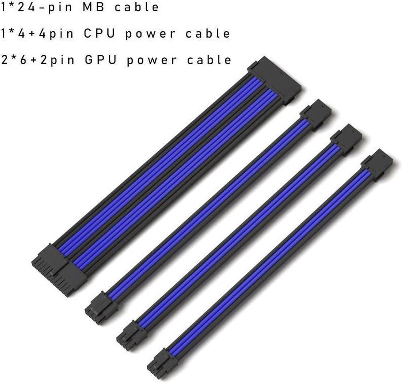 Mod Sleeved Cable, Black & Blue Power Supply Cable Extension Kit, 24PIN ATX, 4+4 PIN EPS, Dual 6+2 PIN PCIE(11.81")