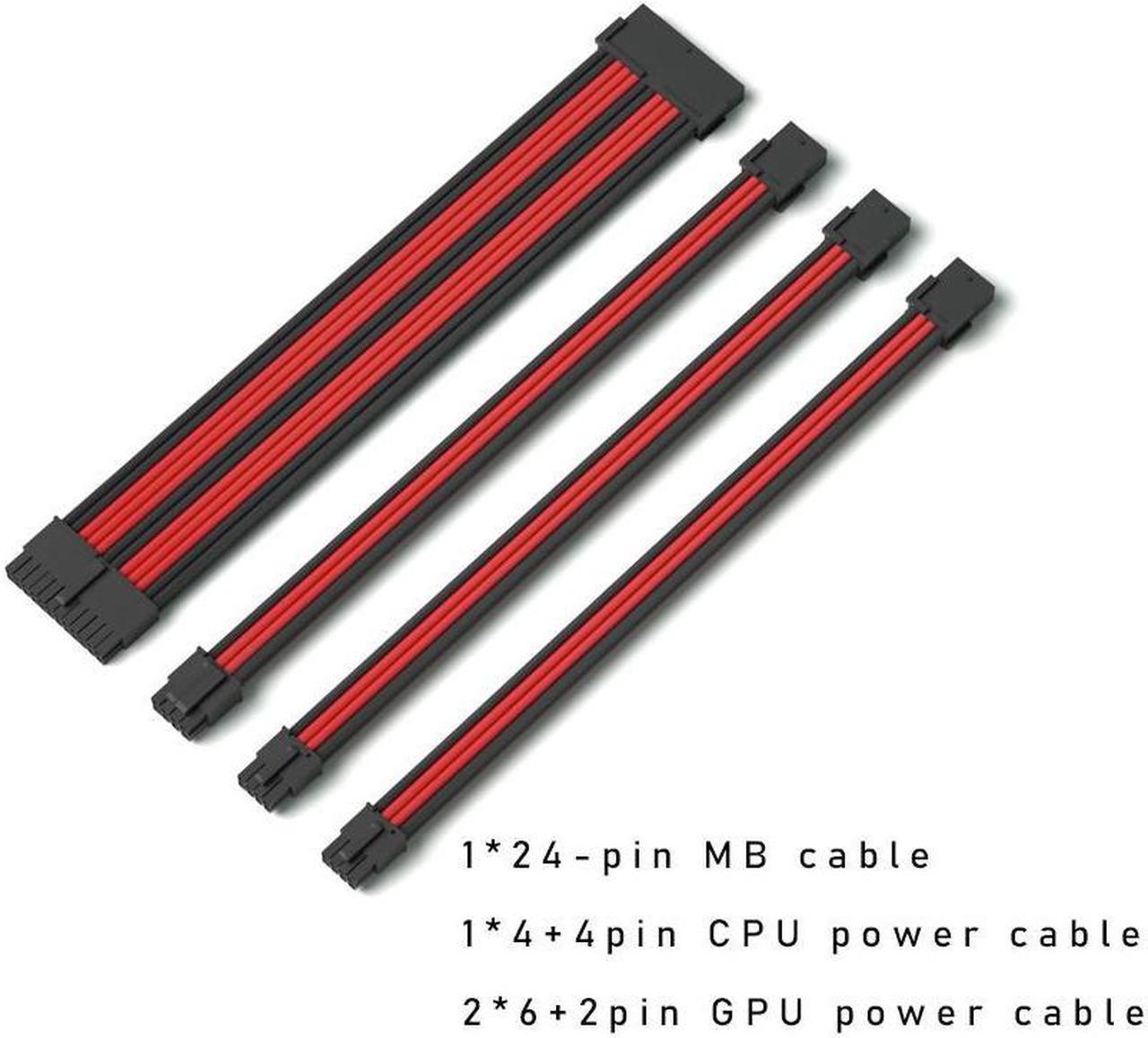 Mod Sleeved Cable, Black & Red Power Supply Cable Extension Kit, 24PIN ATX, 4+4 PIN EPS, Dual 6+2 PIN PCIE(11.81")