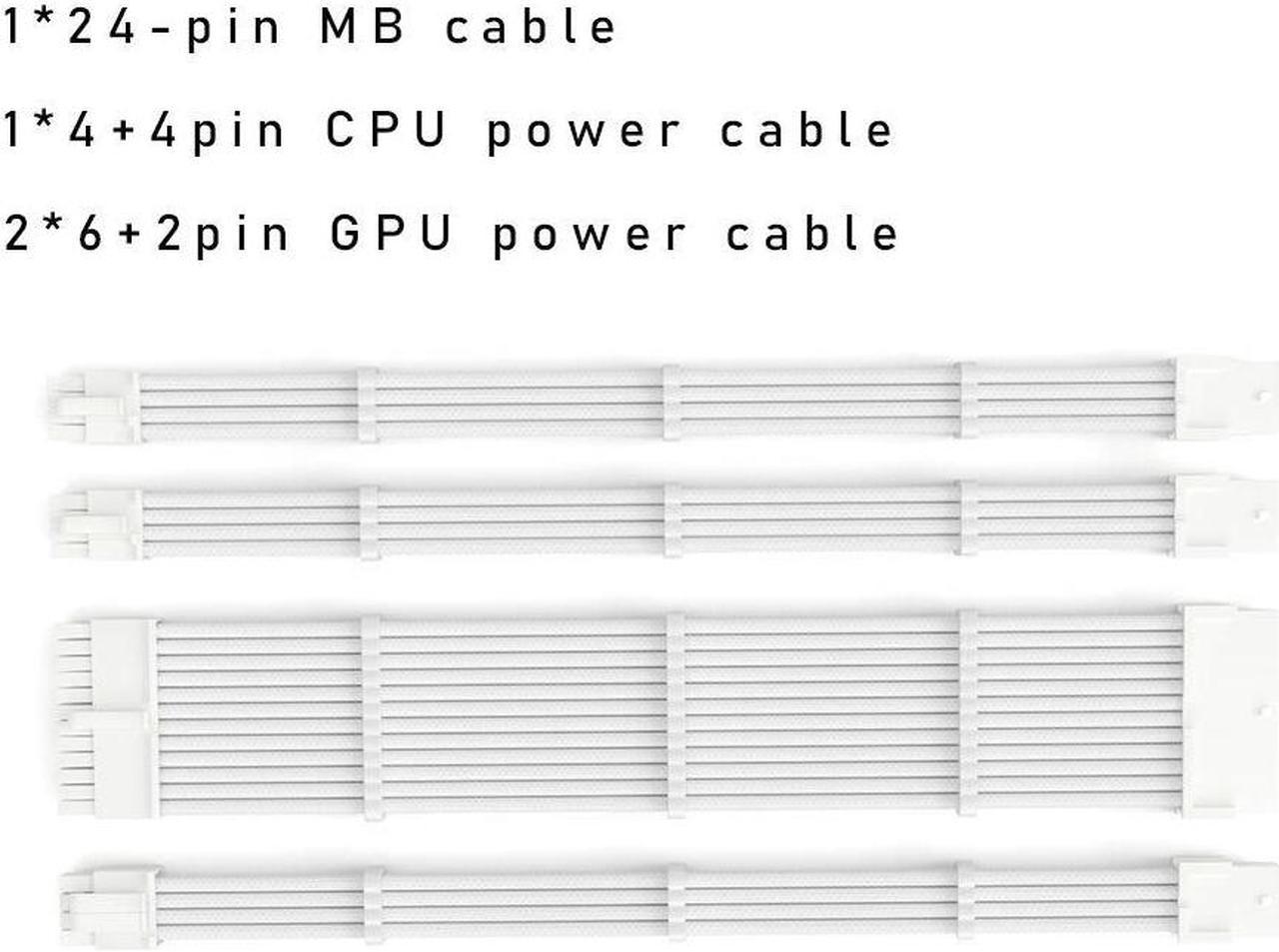 Mod Sleeved Cable, All White Power Supply Cable Extension Kit, 24PIN ATX, 4+4 PIN EPS, Dual 6+2 PIN PCIE(11.81")