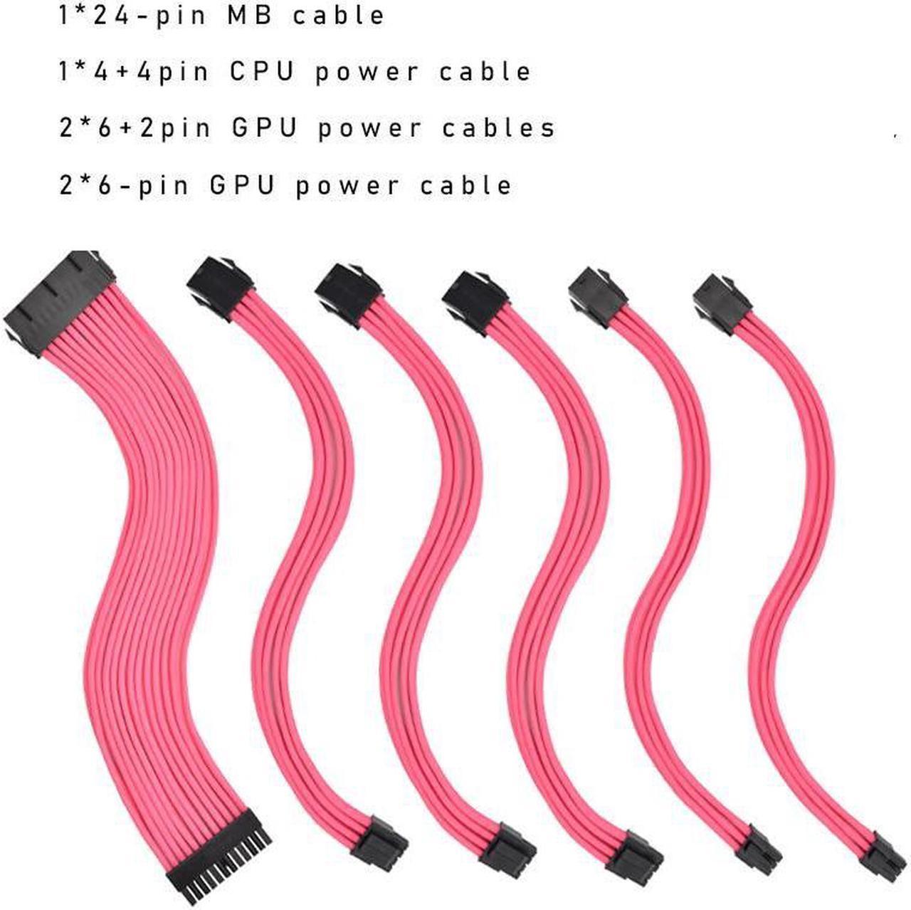 Mod Sleeved Cable, Pink Power Supply Cable Extension Kit, 24PIN ATX, 4+4 PIN EPS, Dual 6+2 PIN PCIE, Dual 6 PIN PCIE(11.81")