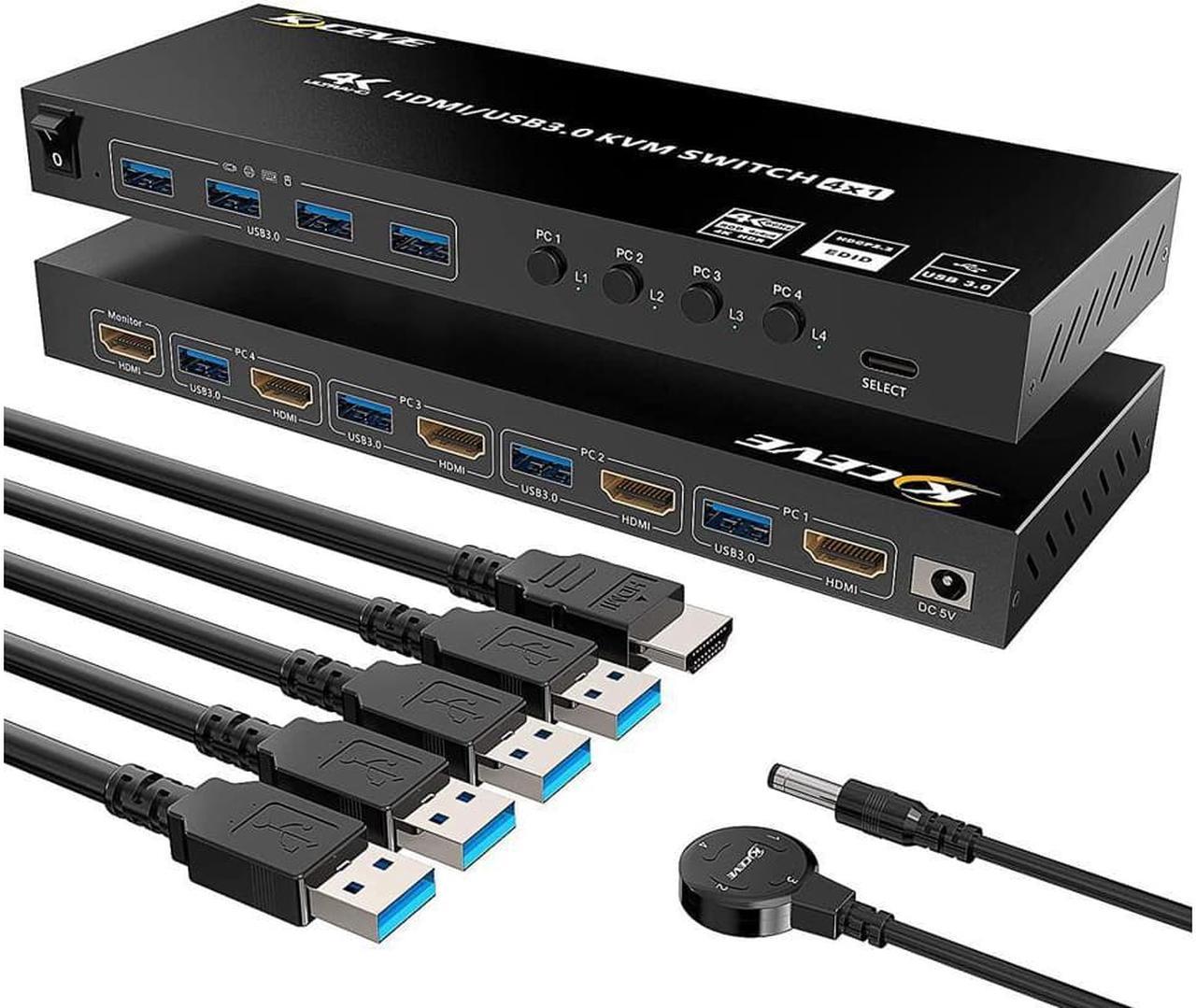 KVM USB 3.0 Switch, 4 Ports HDMI KVM Switcher Selector Box 4 in 1 Out with EDID Emulator Function, Support 4K @60Hz Resolution for 4 Computers Share Mouse Keyboard and Monitor