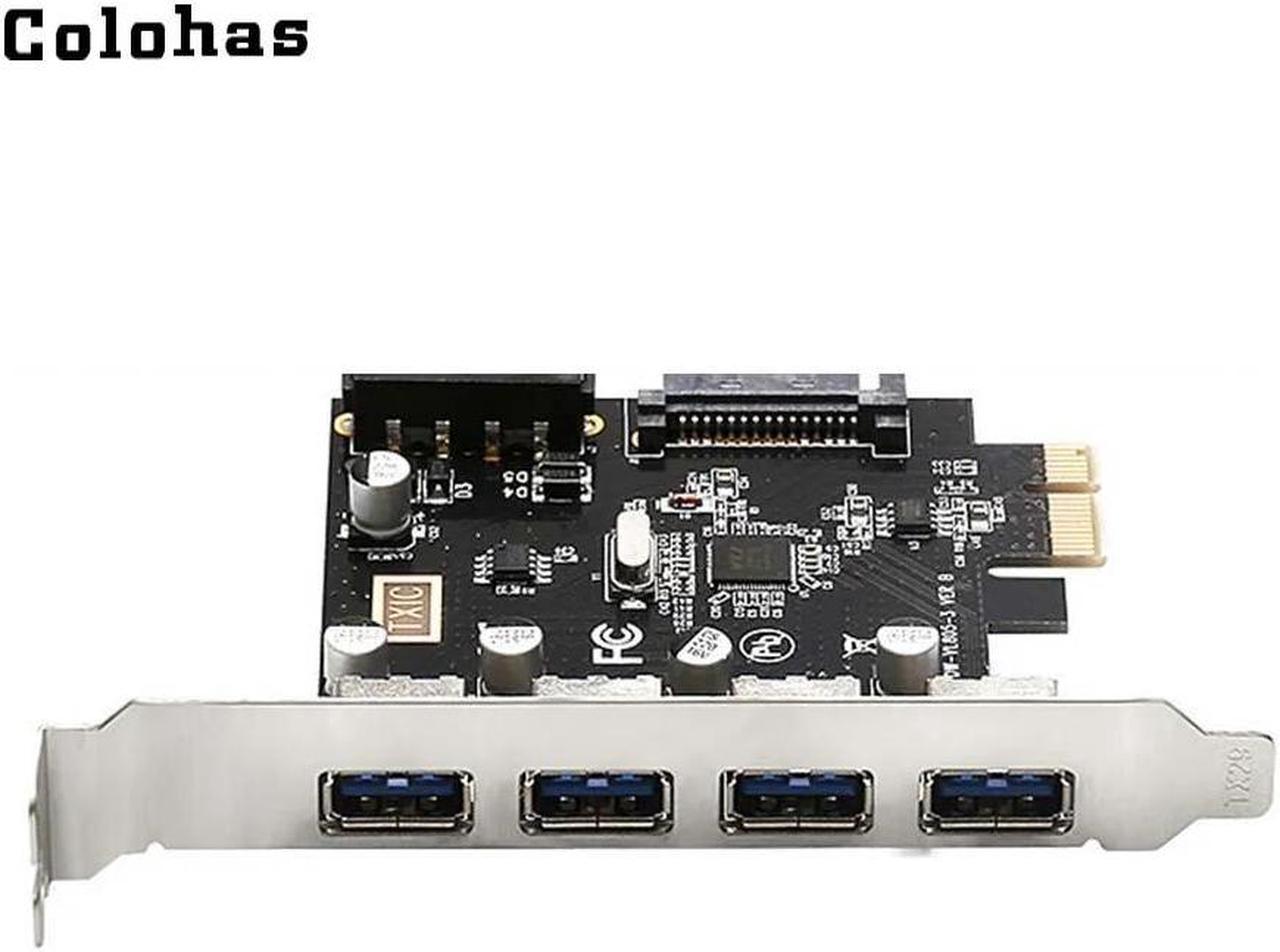 Dual Power Supply PCI Express Controller Card PCI-E to 4 Ports USB 3.0 Expansion Card HUB with Big 4Pin / SATA 15pin Port