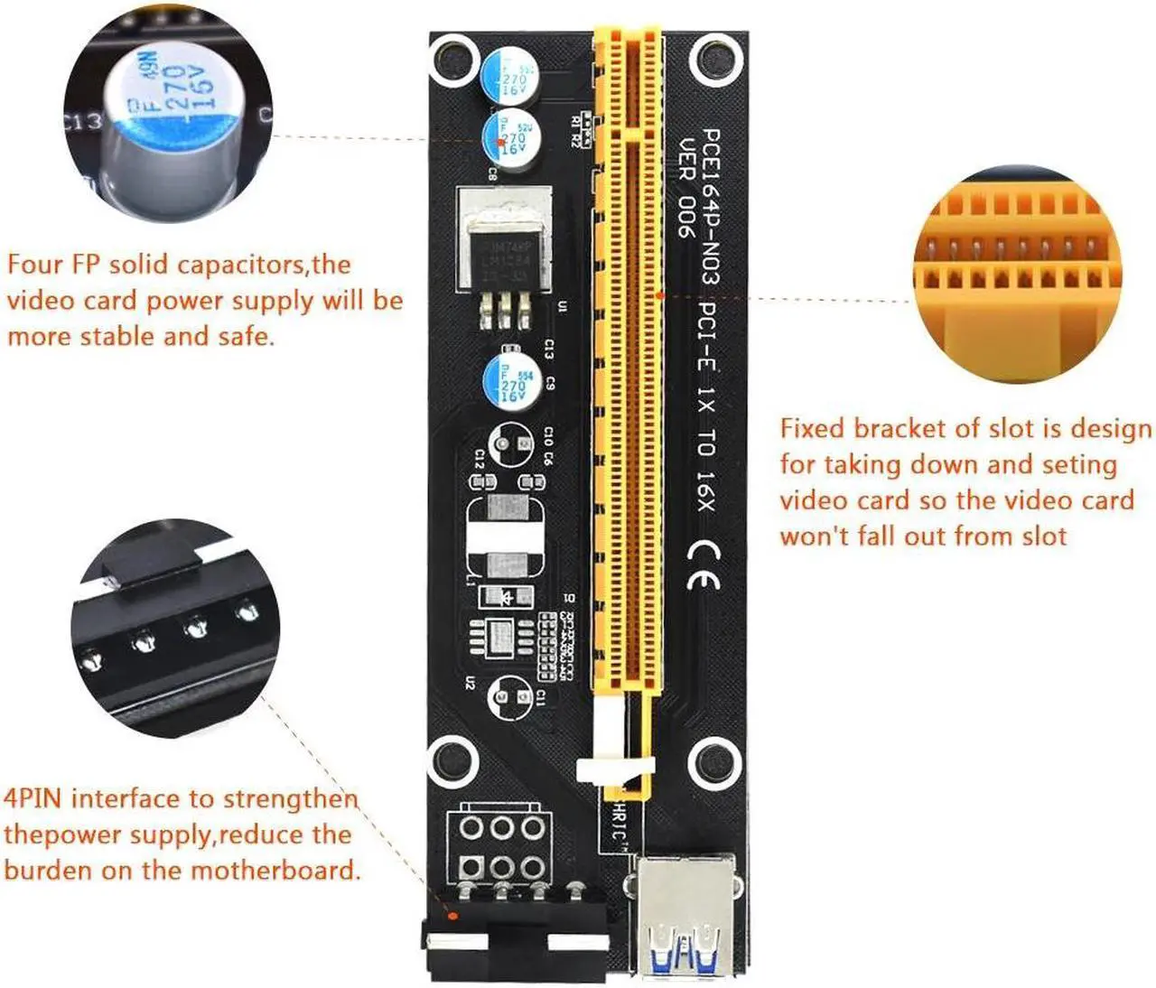 Alt view image 2 of 6 - PCIE PCI Express Riser Card PCI-E Extender 1x to 16x Adapter USB 3.0 SATA to 4Pin IDE Molex for Mining Bitcion Miner