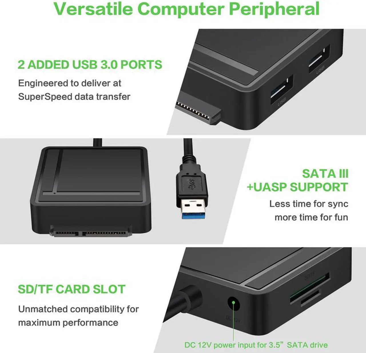 Alt view image 4 of 5 - STANSTAR USB 3.0 to SATA Adapter TF SD Card Reader USB 3.0 Hub 2 Ports Converter 3 IN 1 for 2.5” 3.5” HDD Hard Drive