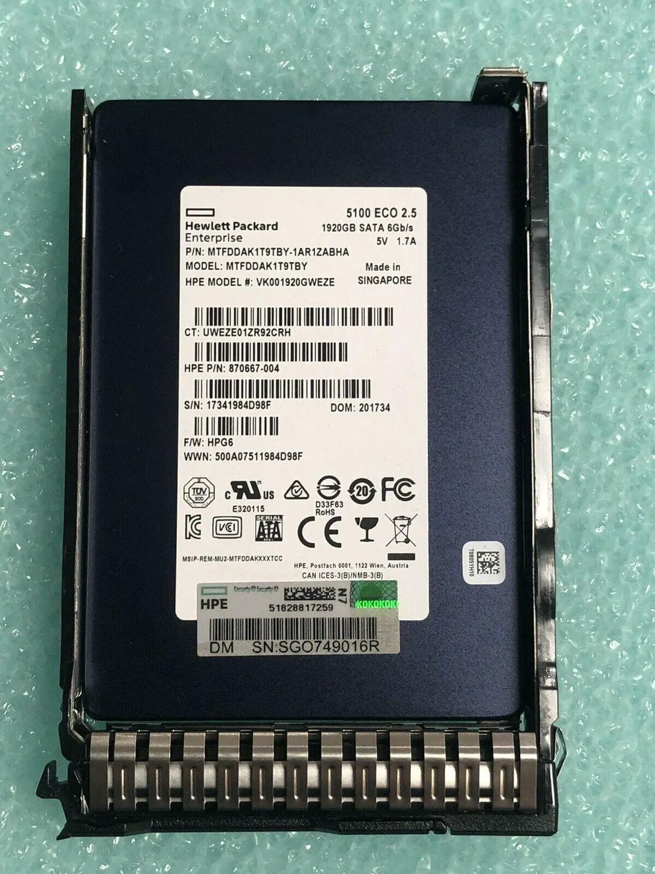 Alt view image 2 of 9 - HPE VK001920GWEZE Read Intensive 1.92 TB Hot-swap SSD - 2.5" - SATA 6Gb/s - HPE Smart Carrier