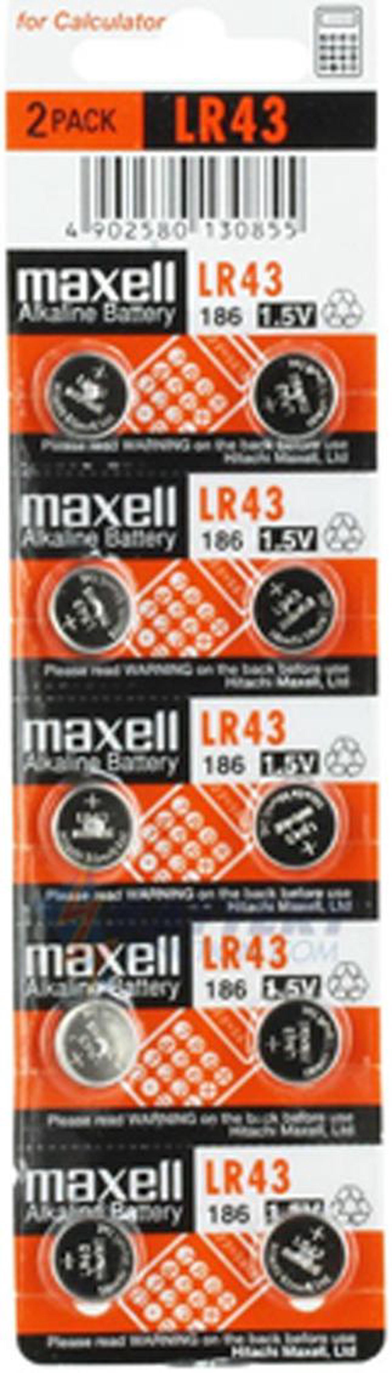 10 x LR43 / 186 Maxell Alkaline Button Batteries