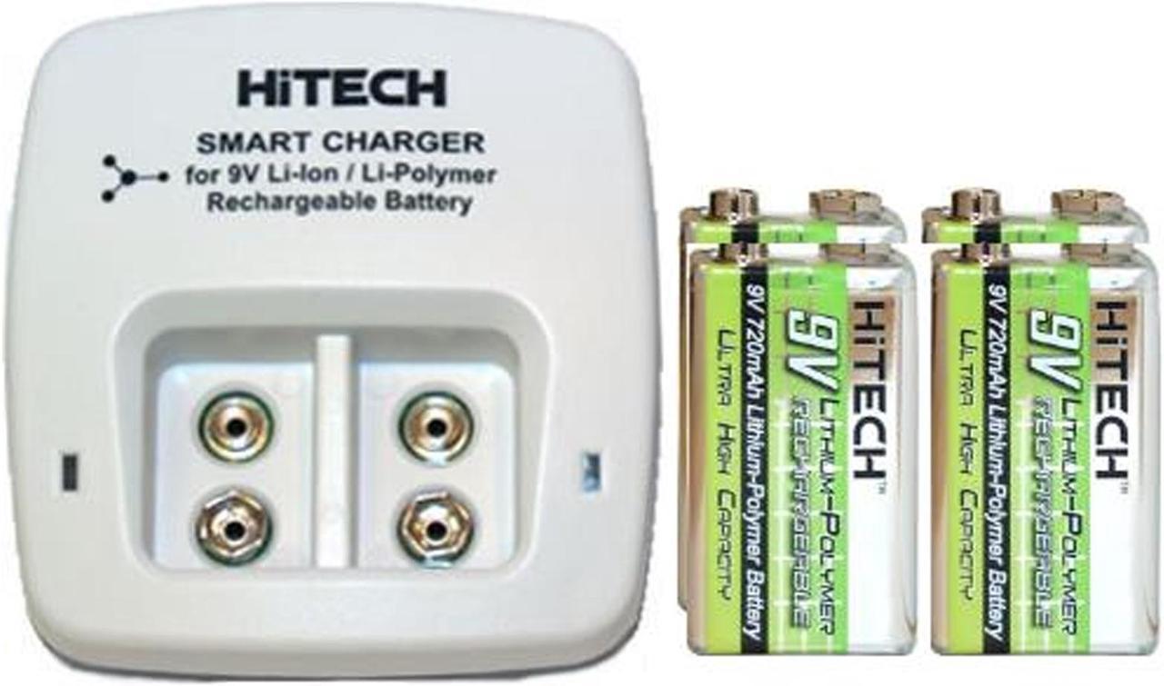 2 Bay 9 Volt Li-ion /  Li-Po Smart Charger + 4 x HiTech 9 Volt Lithium Polymer Batteries (720 mAh)