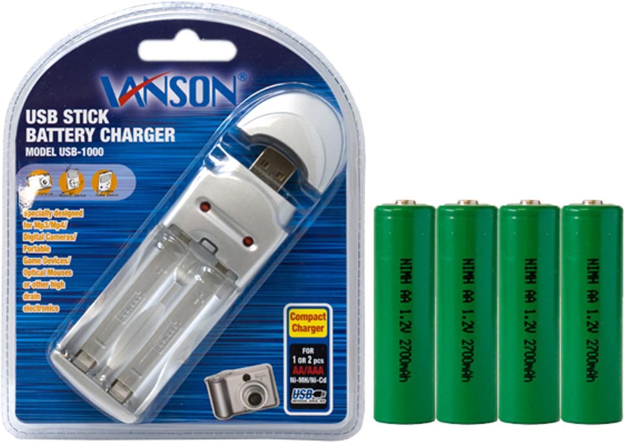 AA / AAA USB Battery Charger + 4 AA (2700 mAh) NiMH Batteries