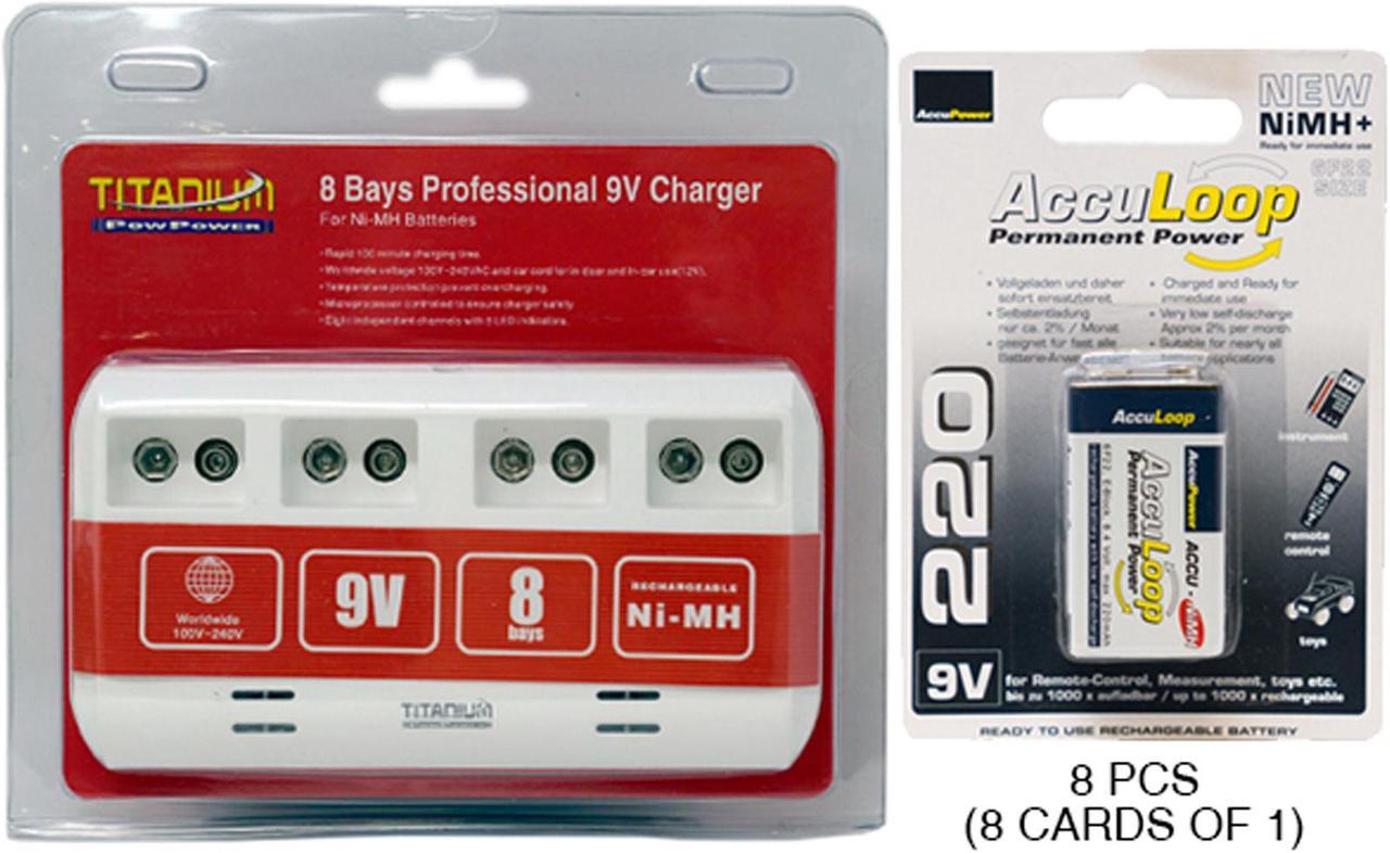 8 Bay 9 Volt Smart Charger + 8 x 9 Volt AccuLoop NiMH Batteries (220 mAh)