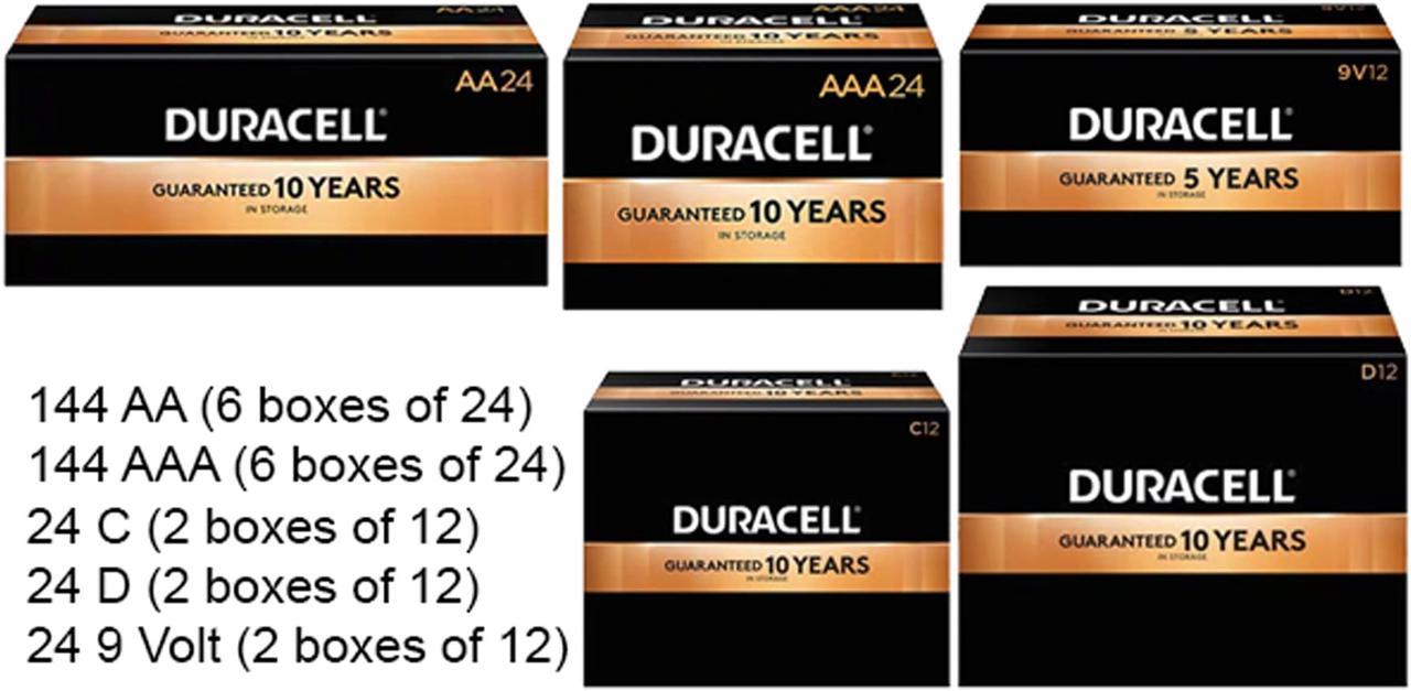 144 AA + 144 AAA + 24 C + 24 D + 24 9 Volt Duracell Coppertop Alkaline Battery Combo