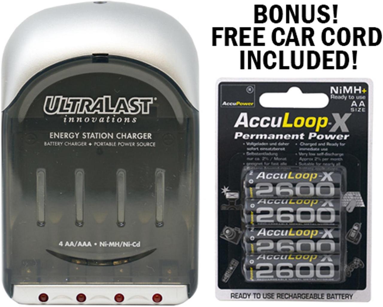 UltraLast AA / AAA Smart Battery Charger  + 4 AA AccuPower AccuLoop-X NiMH Batteries (2600 mAh)