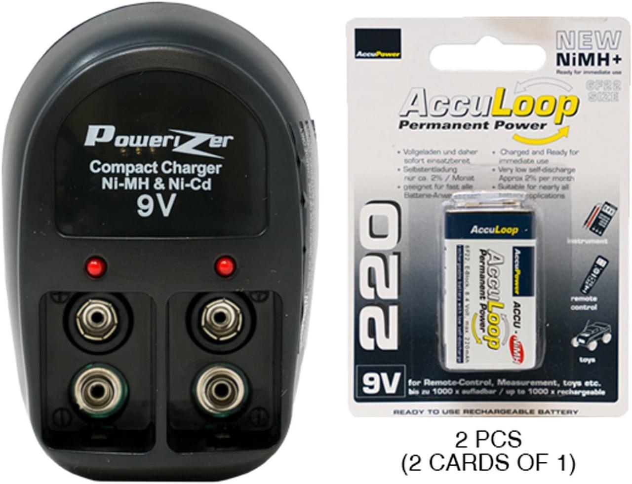 V-228 Two Bay 9 Volt Charger + 2 x 9 Volt AccuLoop NiMH Batteries (220 mAh)