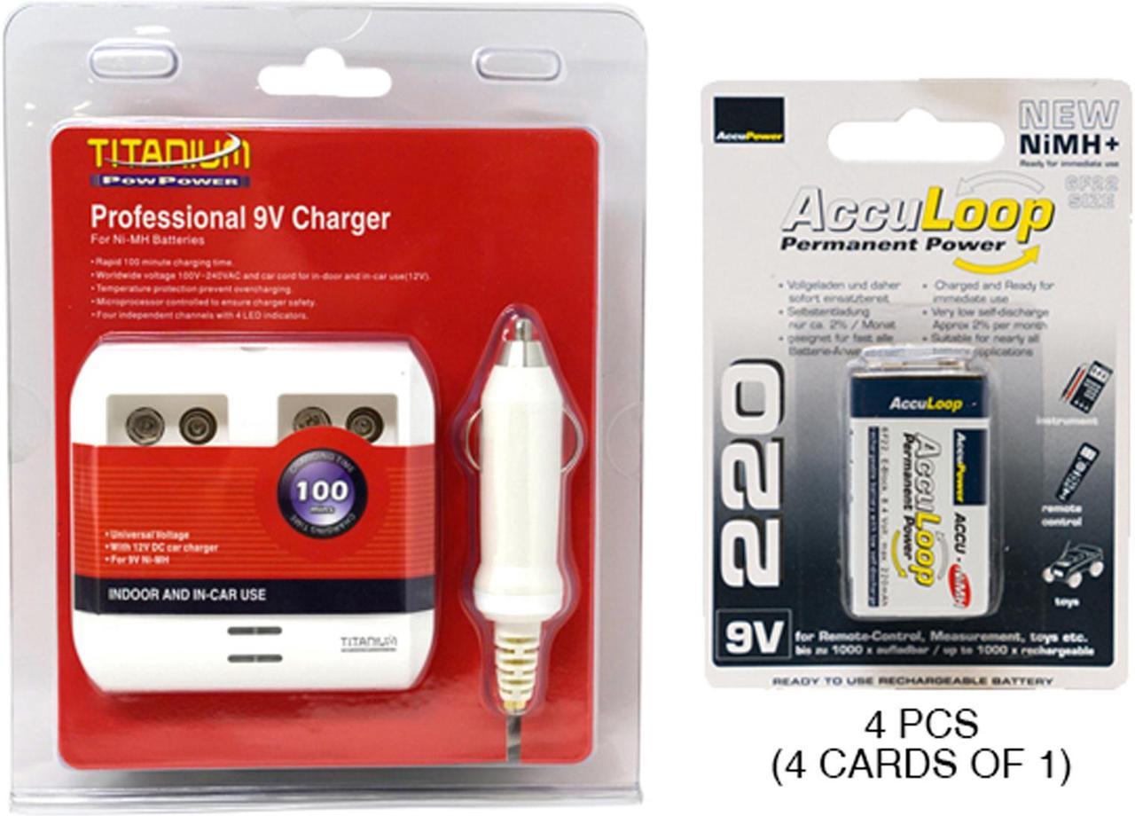 4 Bay 9 Volt Smart Charger + 4 x 9 Volt AccuLoop NiMH Batteries (220 mAh)