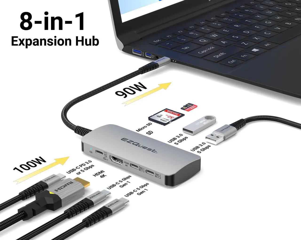 Alt view image 4 of 6 - USB-C Multimedia 8-in-1 Hub
HDMI 4K, 100 Watts USB-C Power Delivery with (FRS) or 5Gbps Data, 2 x USB-C Ports, 2 x USB-A 3.0 Ports, SD and Micro SD