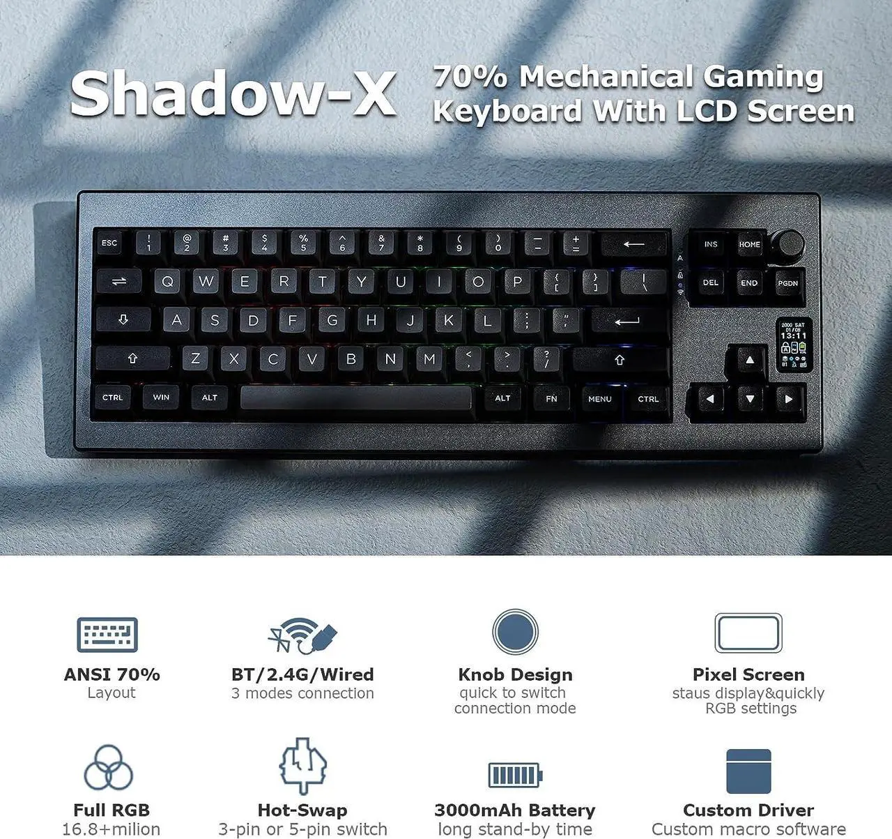 Alt view image 2 of 7 - EPOMAKER Shadow-X Gasket Mechanical Keyboard, Hot Swappable 2.4ghz/Bluetooth/USB-C Wired Wireless Gaming Keyboard, with Screen, 3000mAh Battery, Poron Foam, Silicon Pad, NKRO, RGB for Gaming/Office