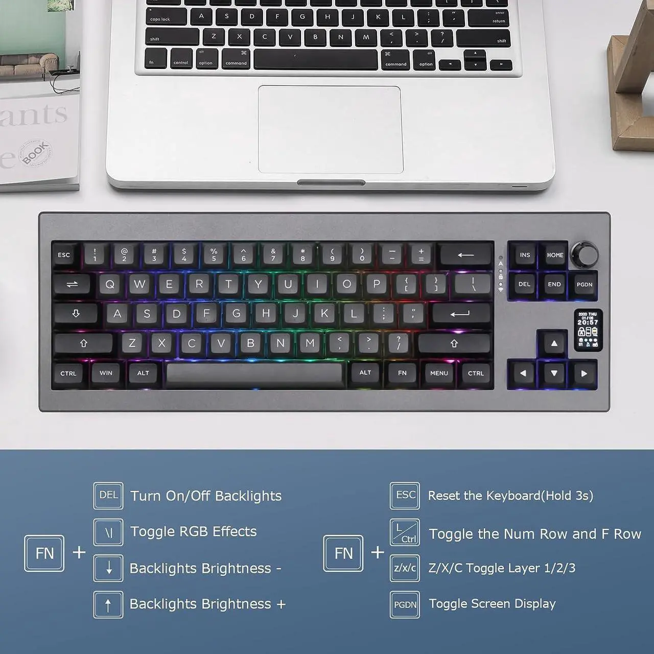 Alt view image 4 of 7 - EPOMAKER Shadow-X Gasket Mechanical Keyboard, Hot Swappable 2.4ghz/Bluetooth/USB-C Wired Wireless Gaming Keyboard, with Screen, 3000mAh Battery, Poron Foam, Silicon Pad, NKRO, RGB for Gaming/Office