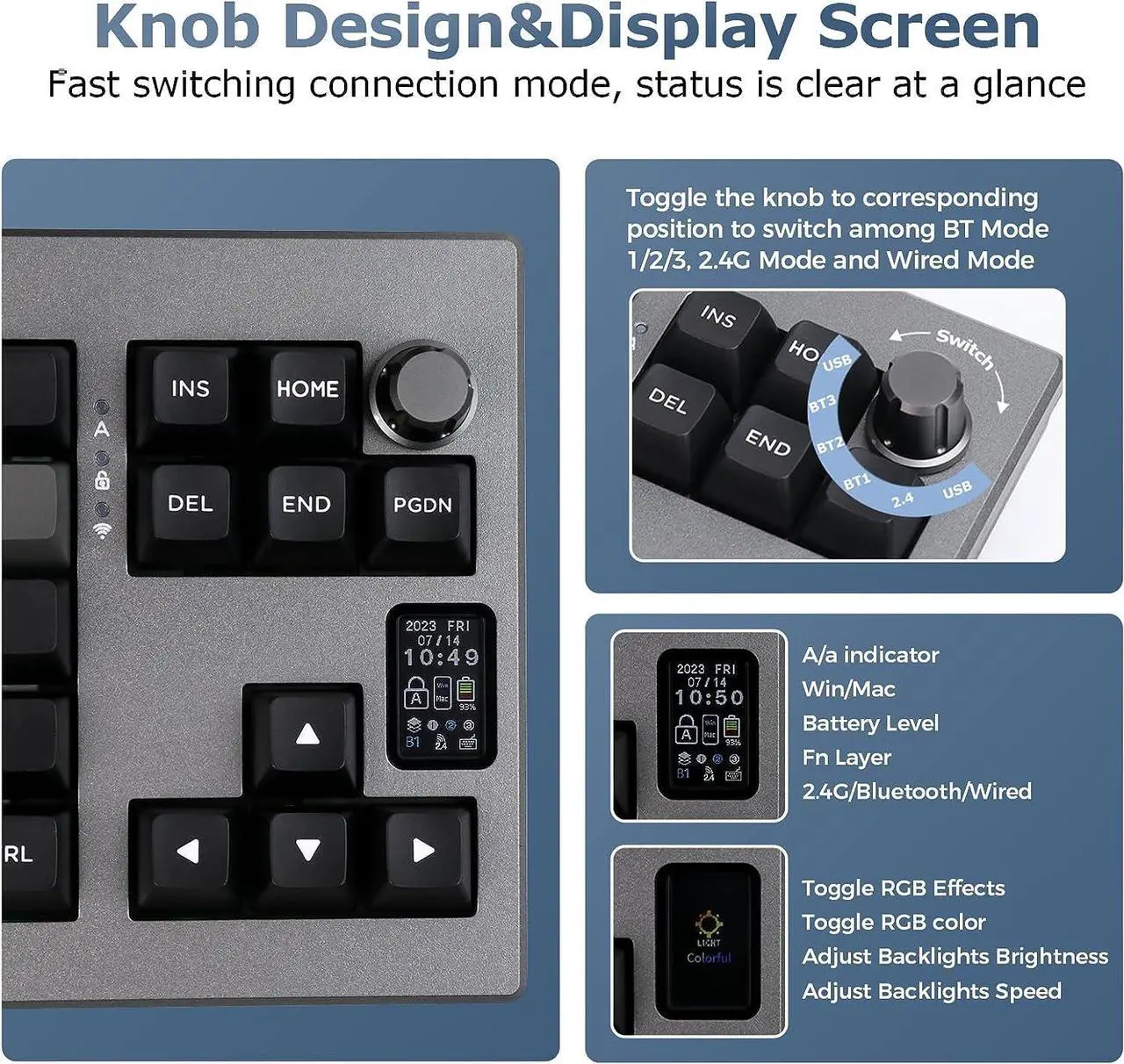 Alt view image 3 of 7 - EPOMAKER Shadow-X Gasket Mechanical Keyboard, Hot Swappable 2.4ghz/Bluetooth/USB-C Wired Wireless Gaming Keyboard, with Screen, 3000mAh Battery, Poron Foam, Silicon Pad, NKRO, RGB for Gaming/Office