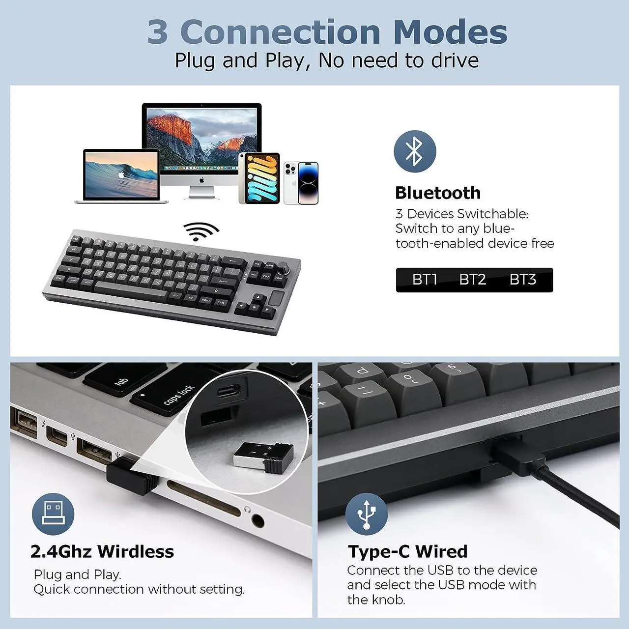 Alt view image 5 of 7 - EPOMAKER Shadow-X Gasket Mechanical Keyboard, Hot Swappable 2.4ghz/Bluetooth/USB-C Wired Wireless Gaming Keyboard, with Screen, 3000mAh Battery, Poron Foam, Silicon Pad, NKRO, RGB for Gaming/Office