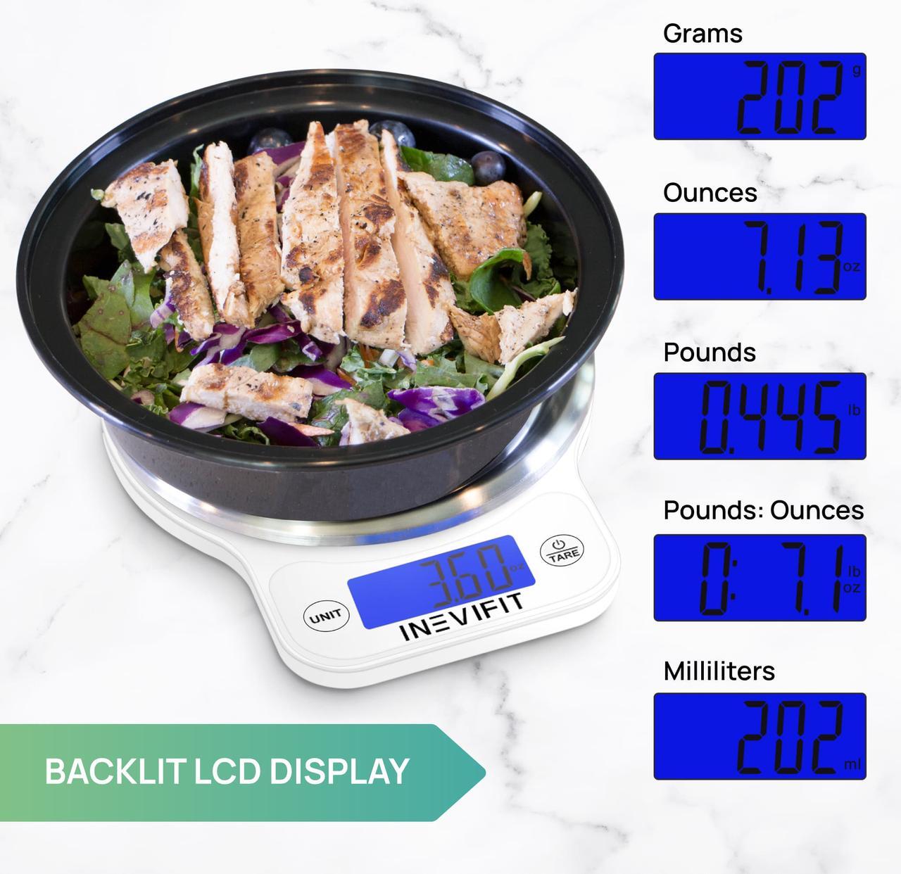 Alt view image 4 of 7 - INEVIFIT DIGITAL KITCHEN SCALE, Highly Accurate Multifunction Food Scale 13 lbs 6kgs Max, Clean Modern White with Premium Stainless Steel Finish. Includes Batteries & 5-Year Warranty